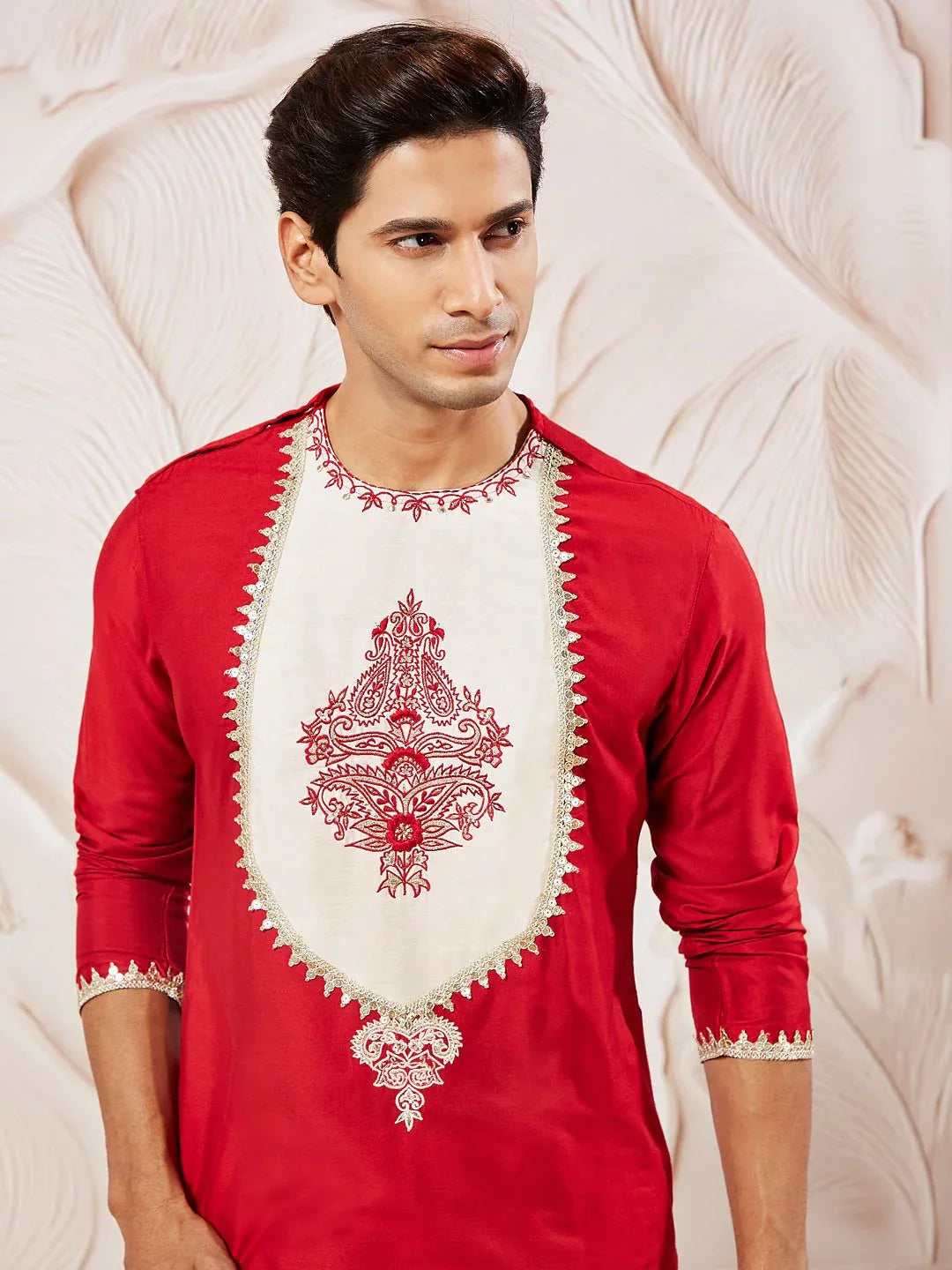 Men's Red Viscose Kurta Pyjama Set