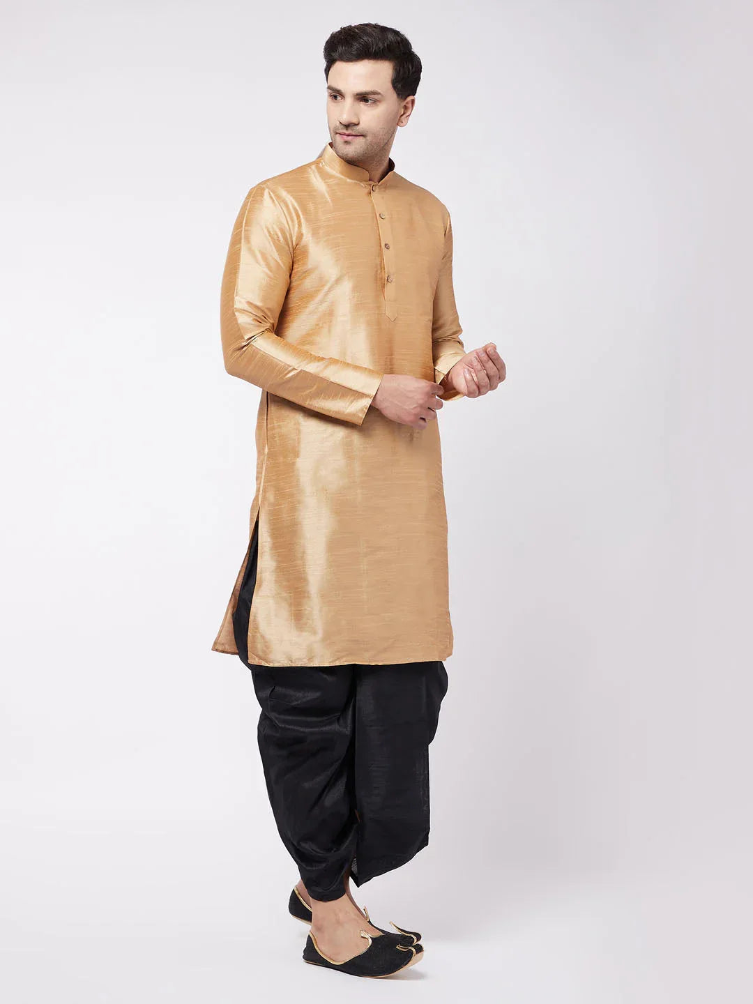 Men's Rose Gold And Black Silk Blend Kurta And Dhoti Set