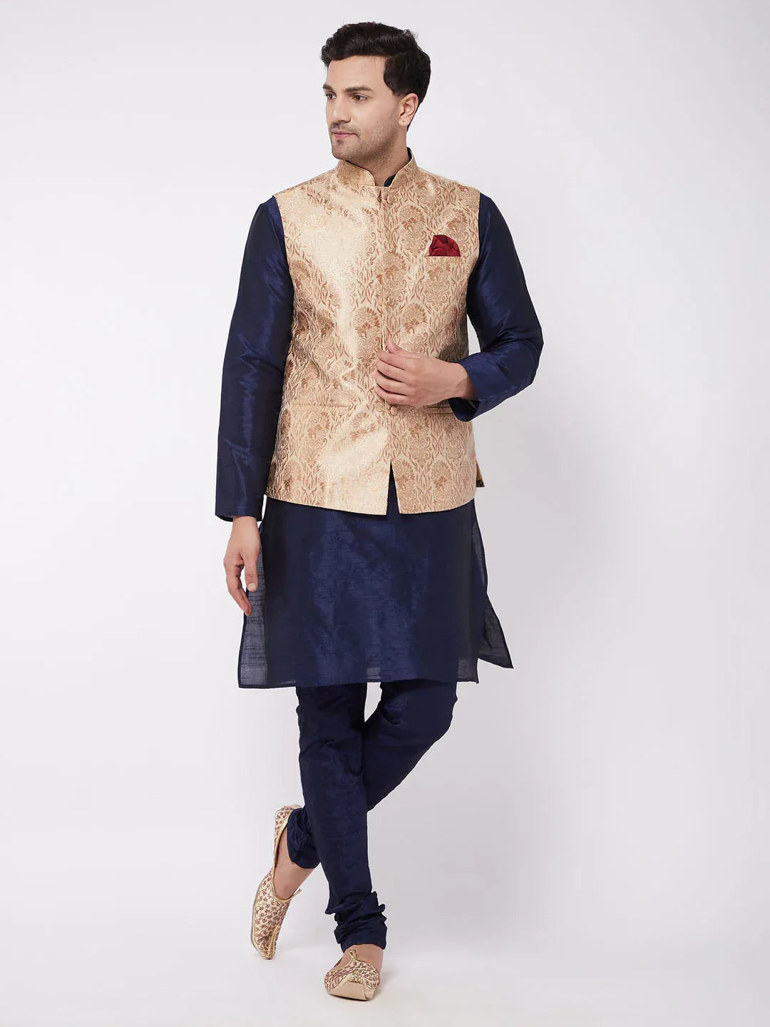 Men's Rose Gold Jacquard Jacket With Kurta Pyjama Set
