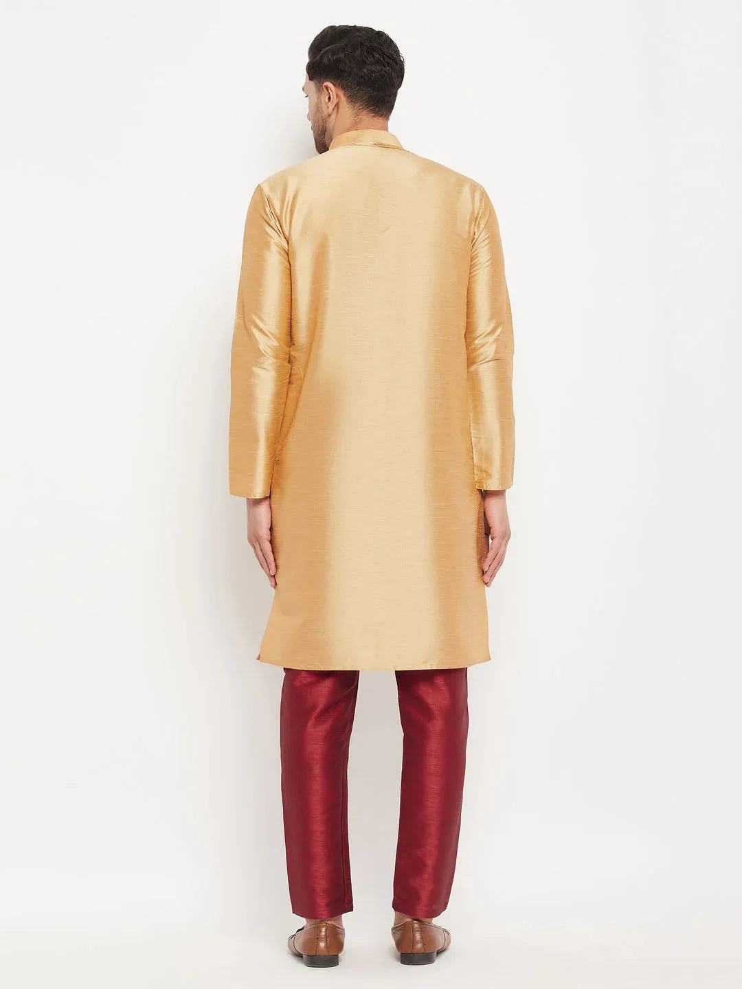 Men's Rose Gold Silk Blend Kurta And Maroon Pant Style Pyjama Set