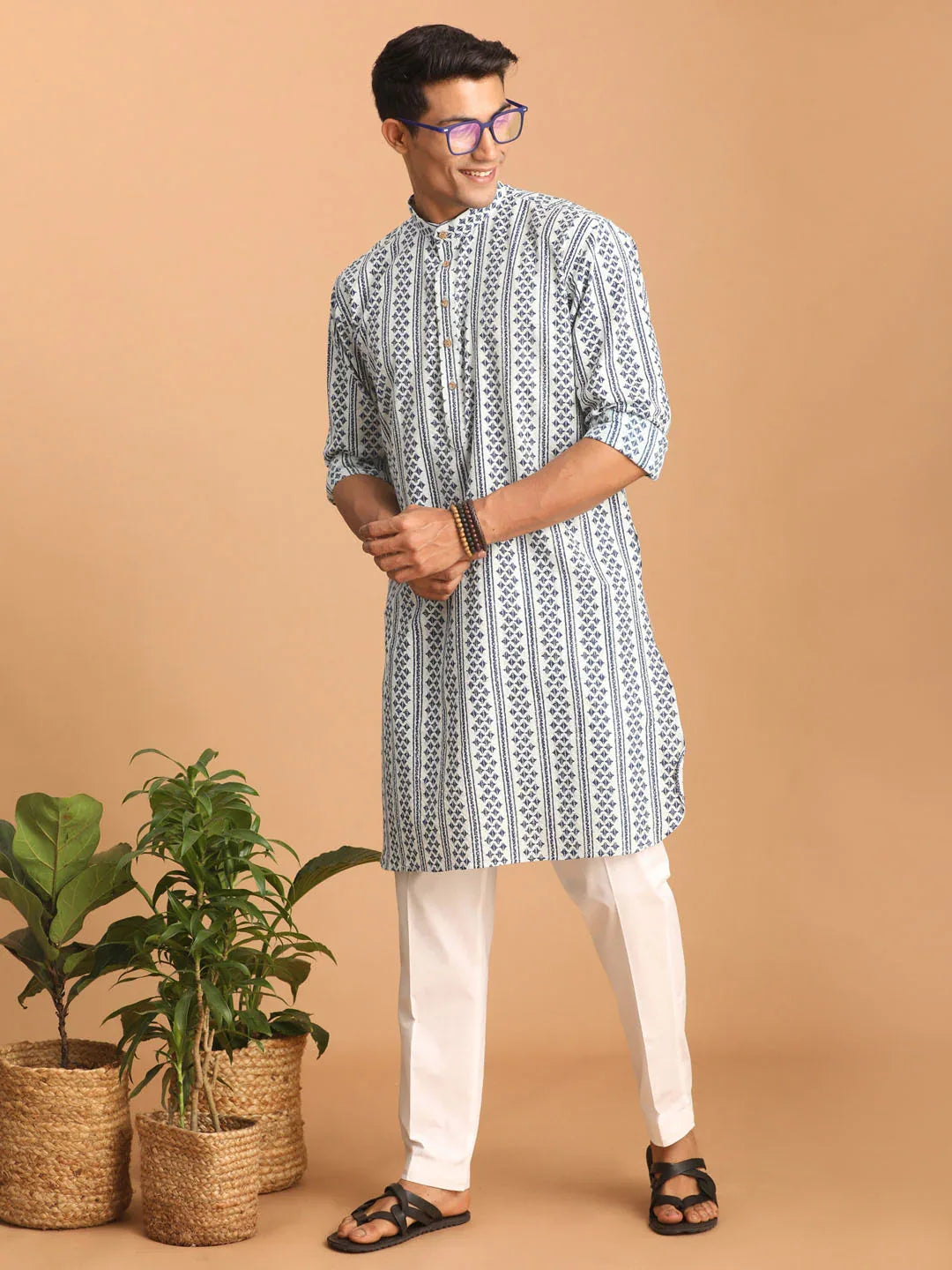 Men's White And Blue Geometrical Striped Printed Curved Kurta With White Pant Set