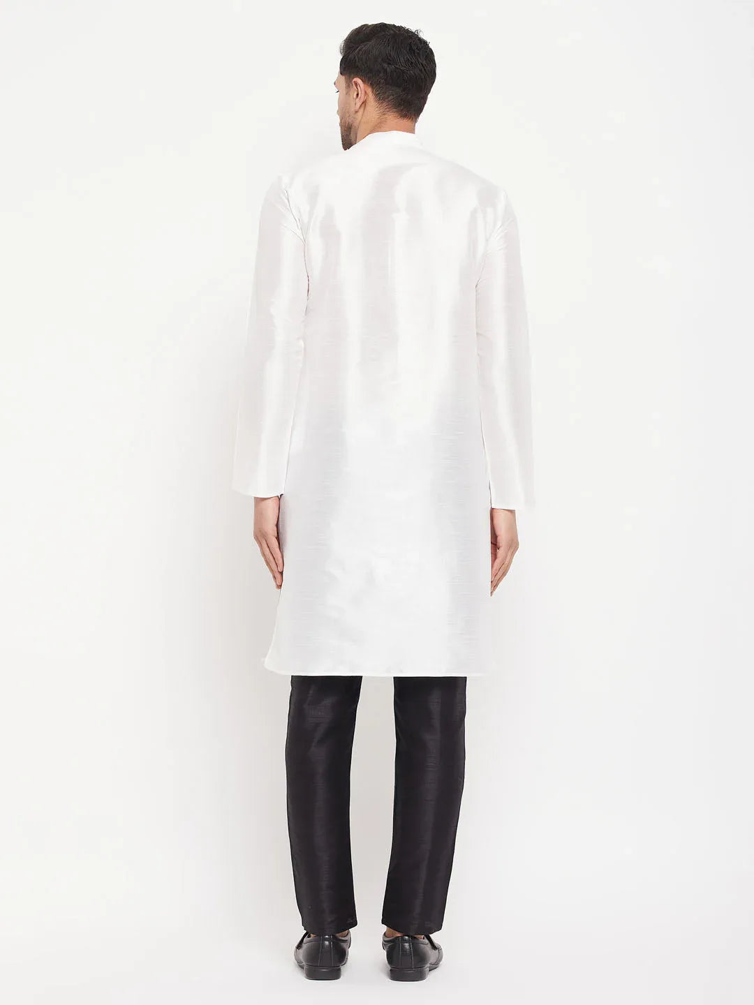 Men's White Cotton Silk Blend Kurta And Black Pant Style Pyjama Set