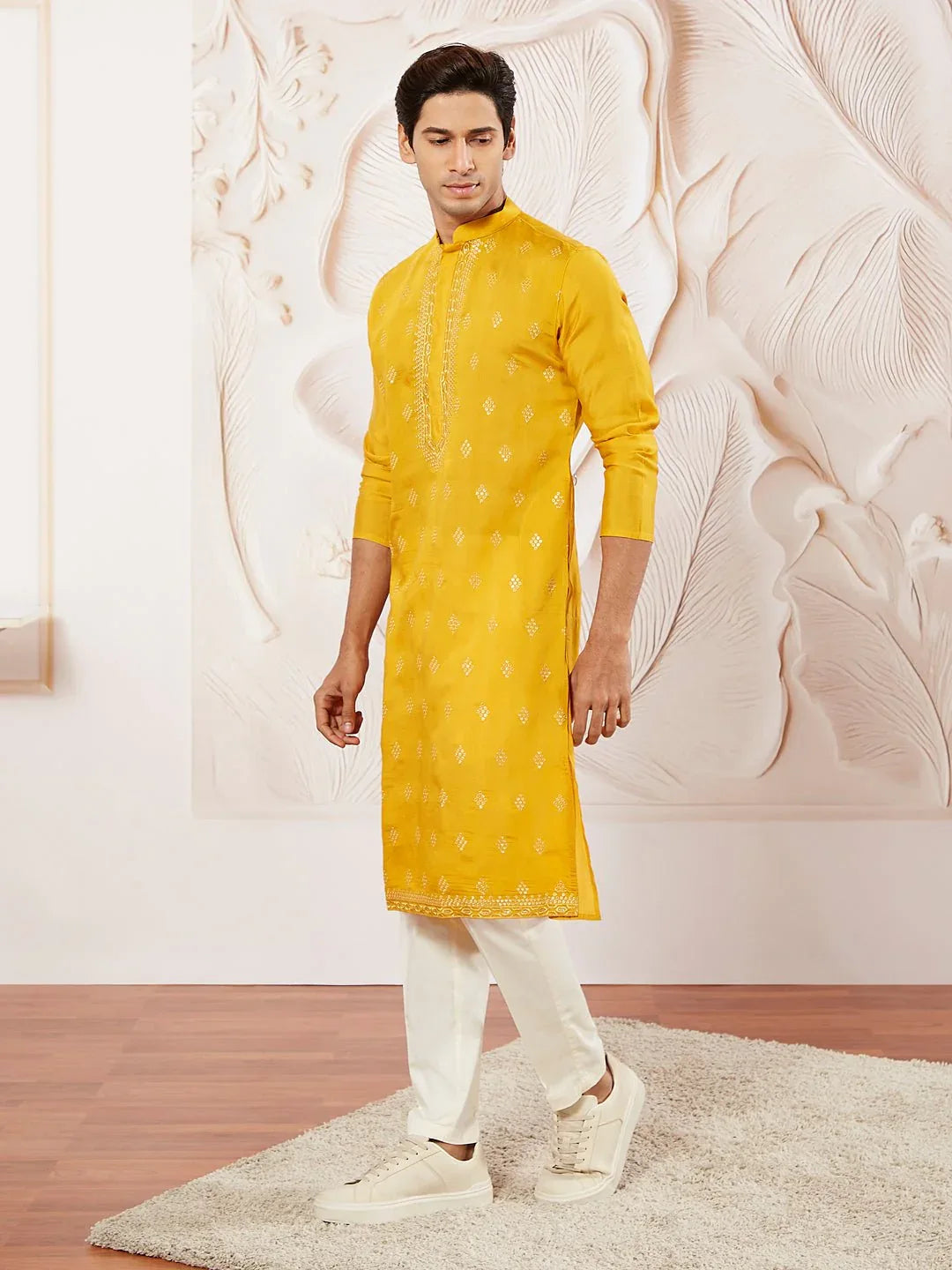 Men's Yellow Embroidered Fendi Silk Kurta Pyjama Set