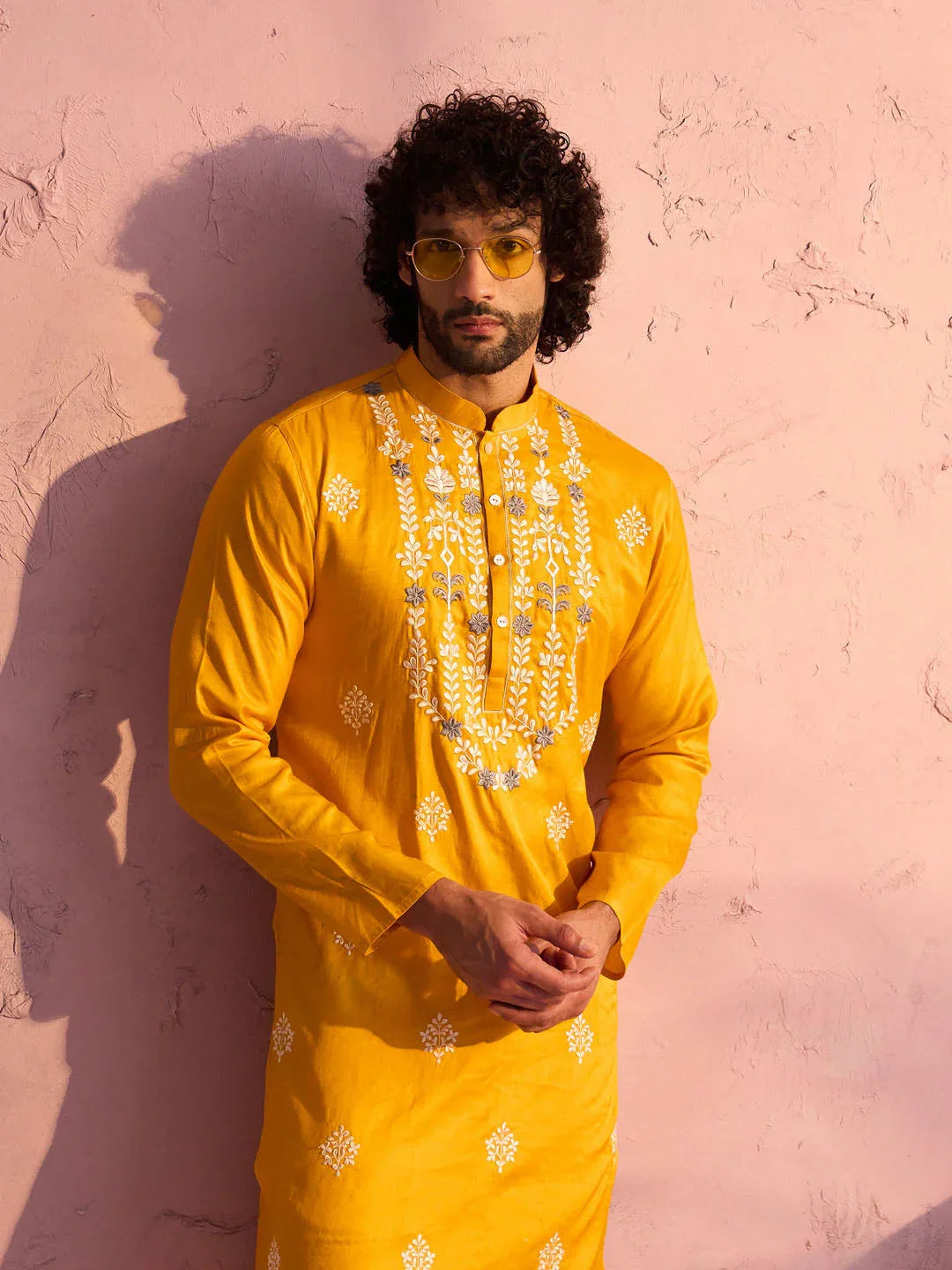 Men's Yellow Embroidered Silk Kurta Pyjama Set
