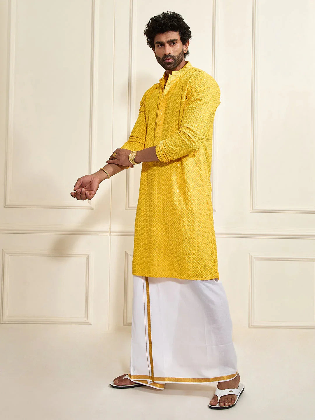 Men's Yellow Rayon Schiffli Kurta