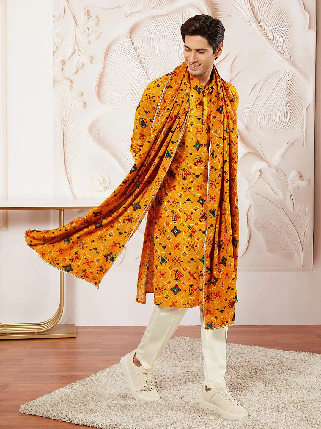 Men's Yellow Silk Blend Kurta Pyjama Dupatta Set