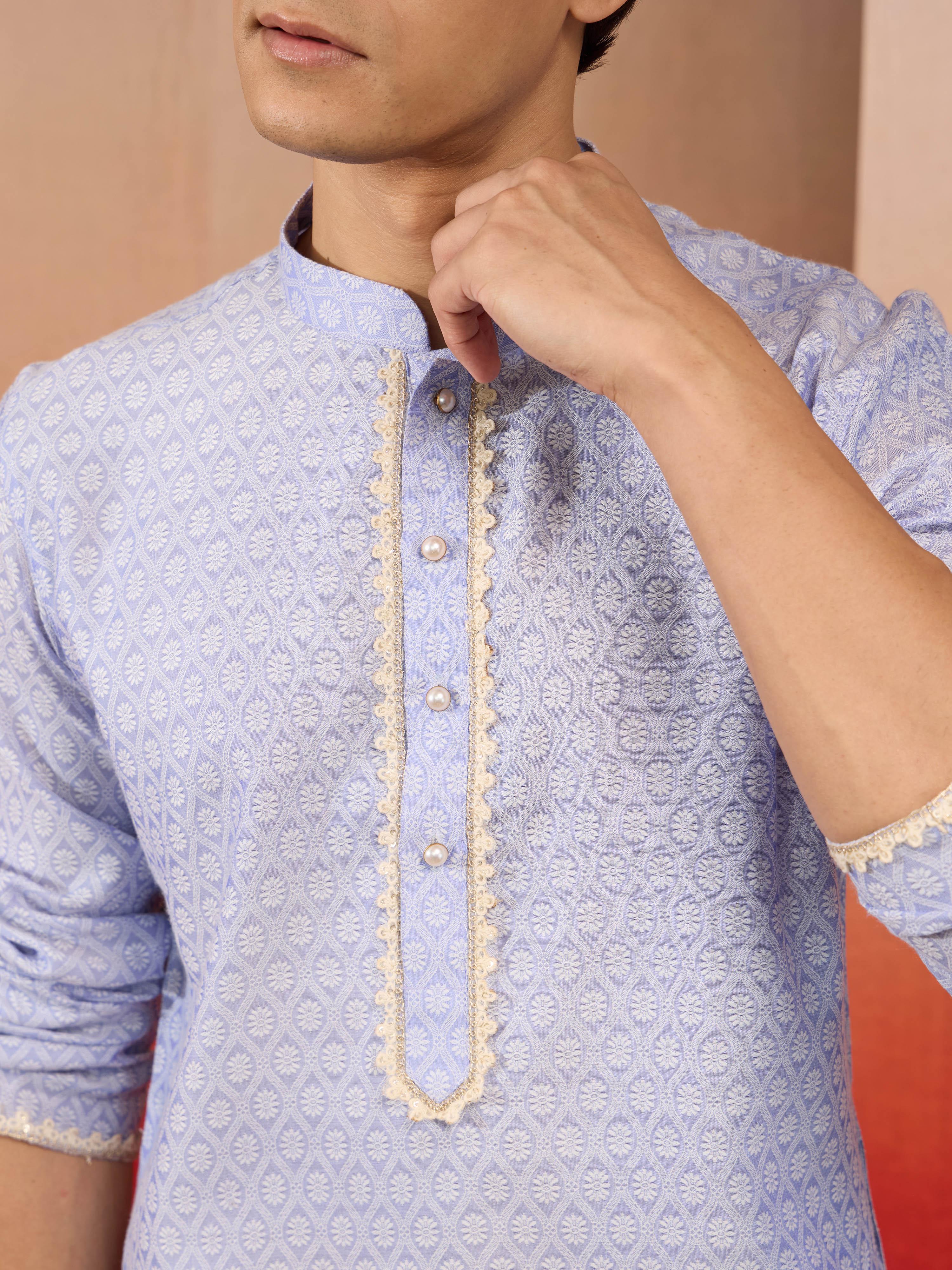 Mens Sky Blue Jacquard Kurta with Pyjama
