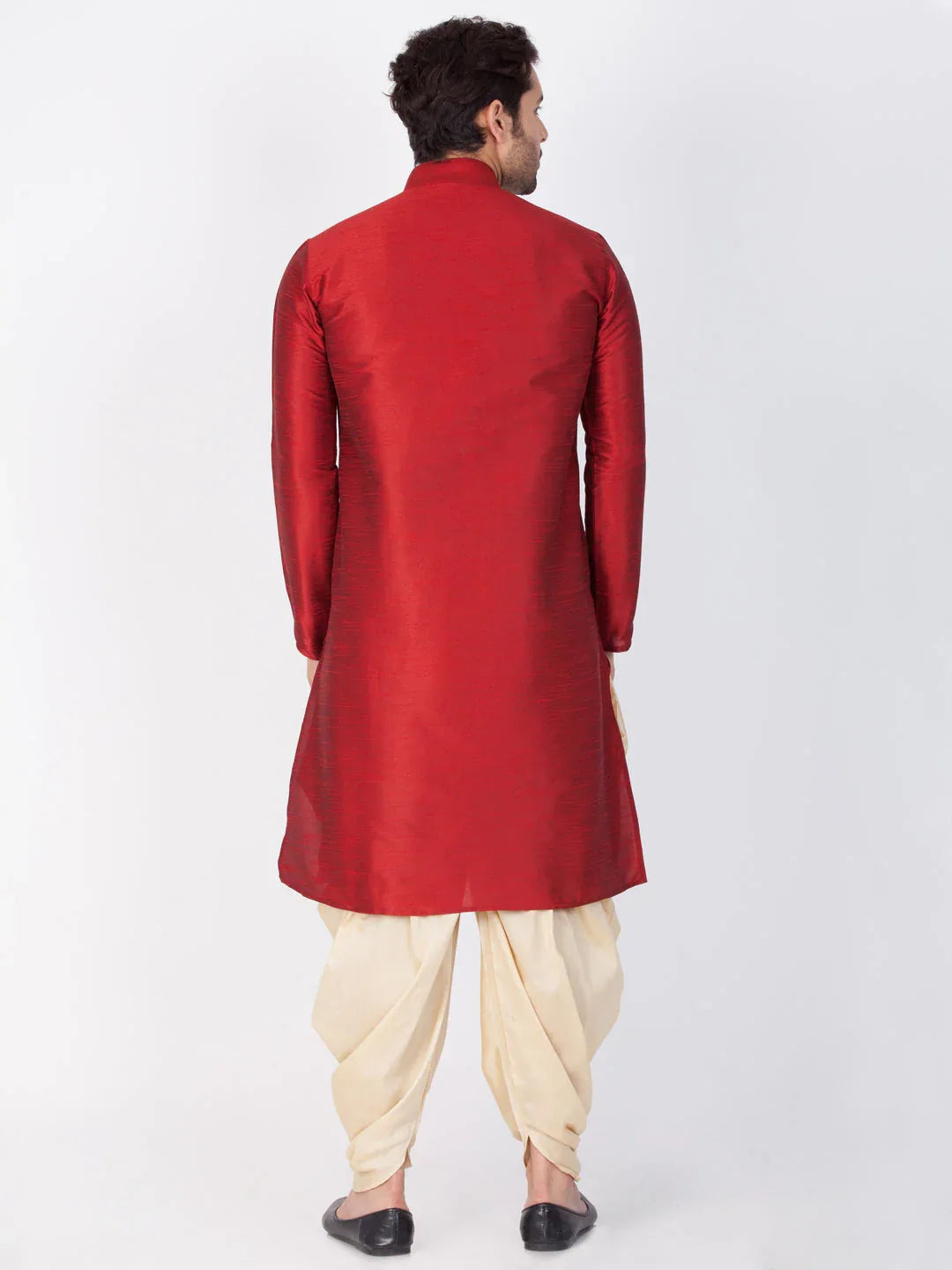 VASTRAMAY Men's Maroon Cotton Silk Blend Kurta and Dhoti Pant Set