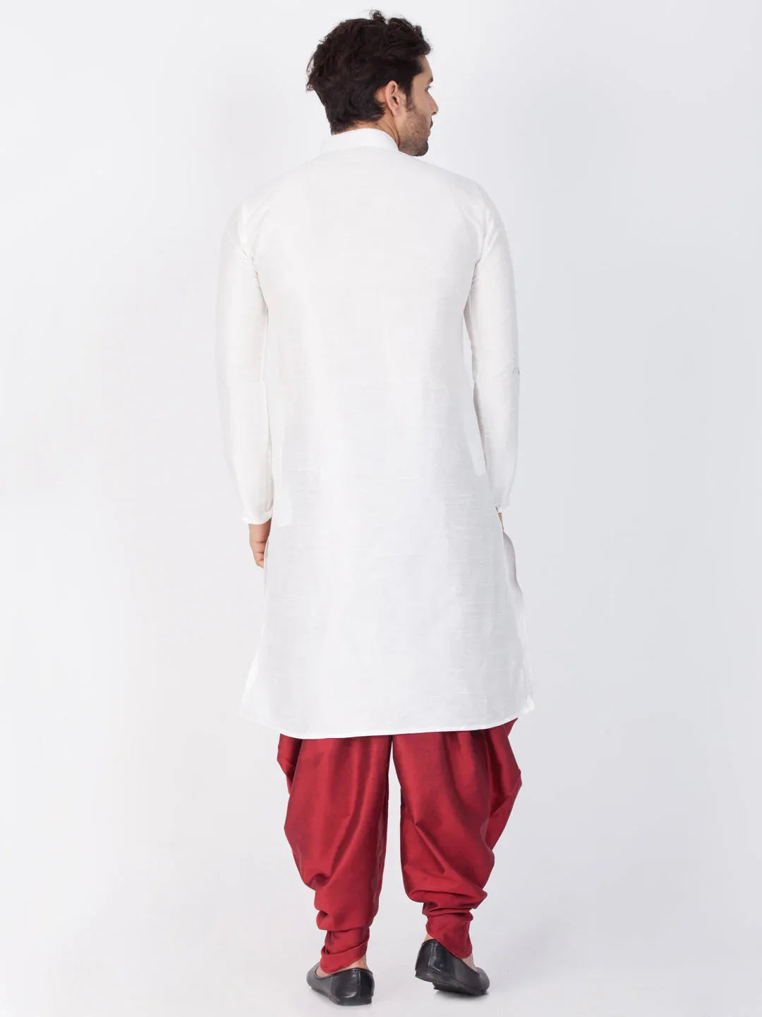 VASTRAMAY Men's White Cotton Silk Blend Kurta and Dhoti Pant Set