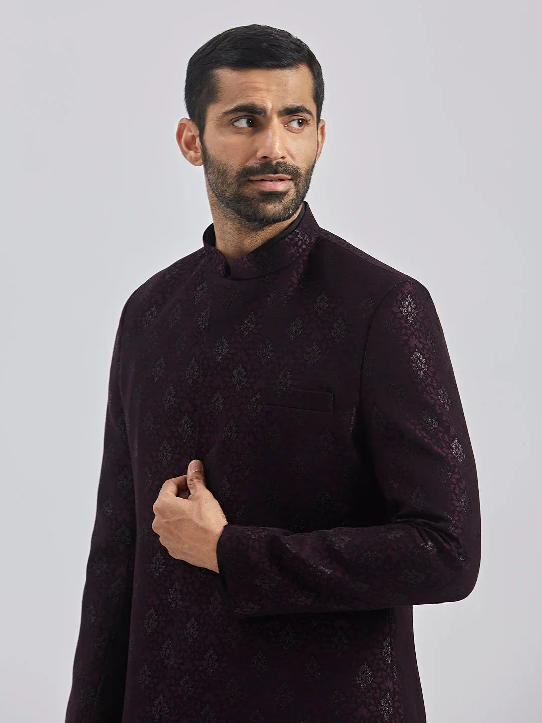 Men's Wine And Black Viscose Sherwani Set