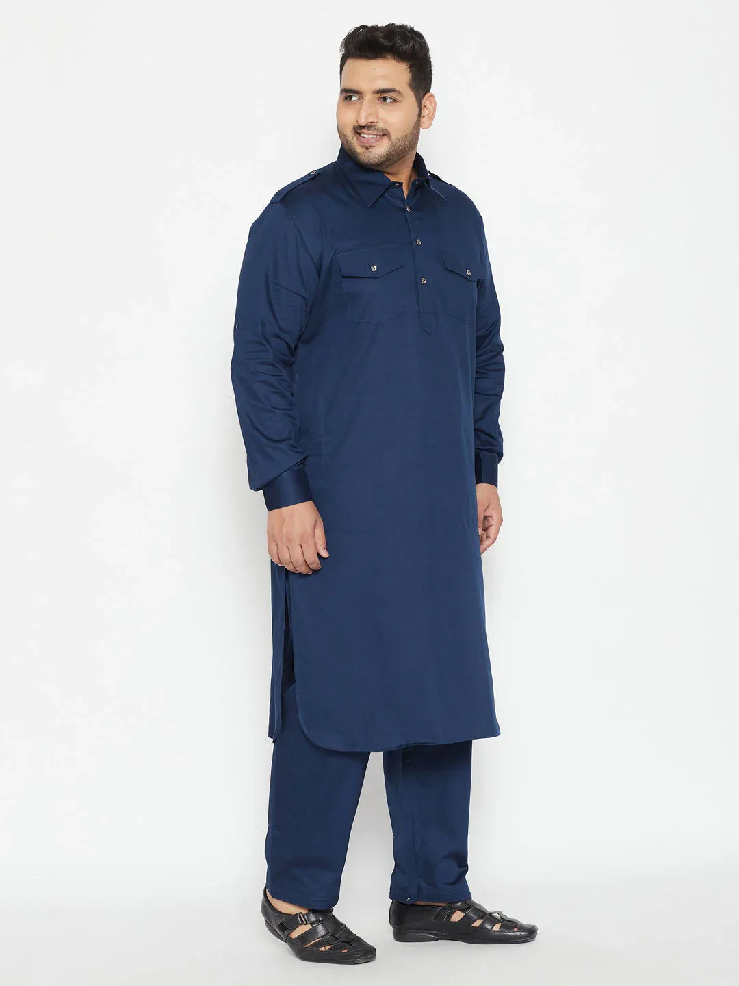Men's Plus Size Blue Cotton Blend Pathani Set