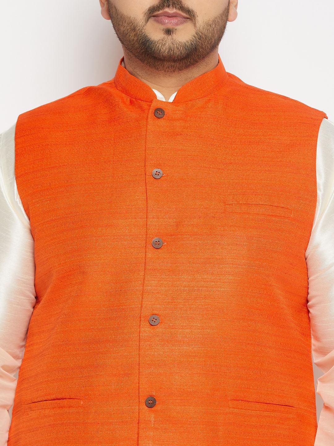Men's Plus Size Orange Matka Silk Nehru Jacket With Cream Silk Blend Kurta And Pant Style Pyjama Set
