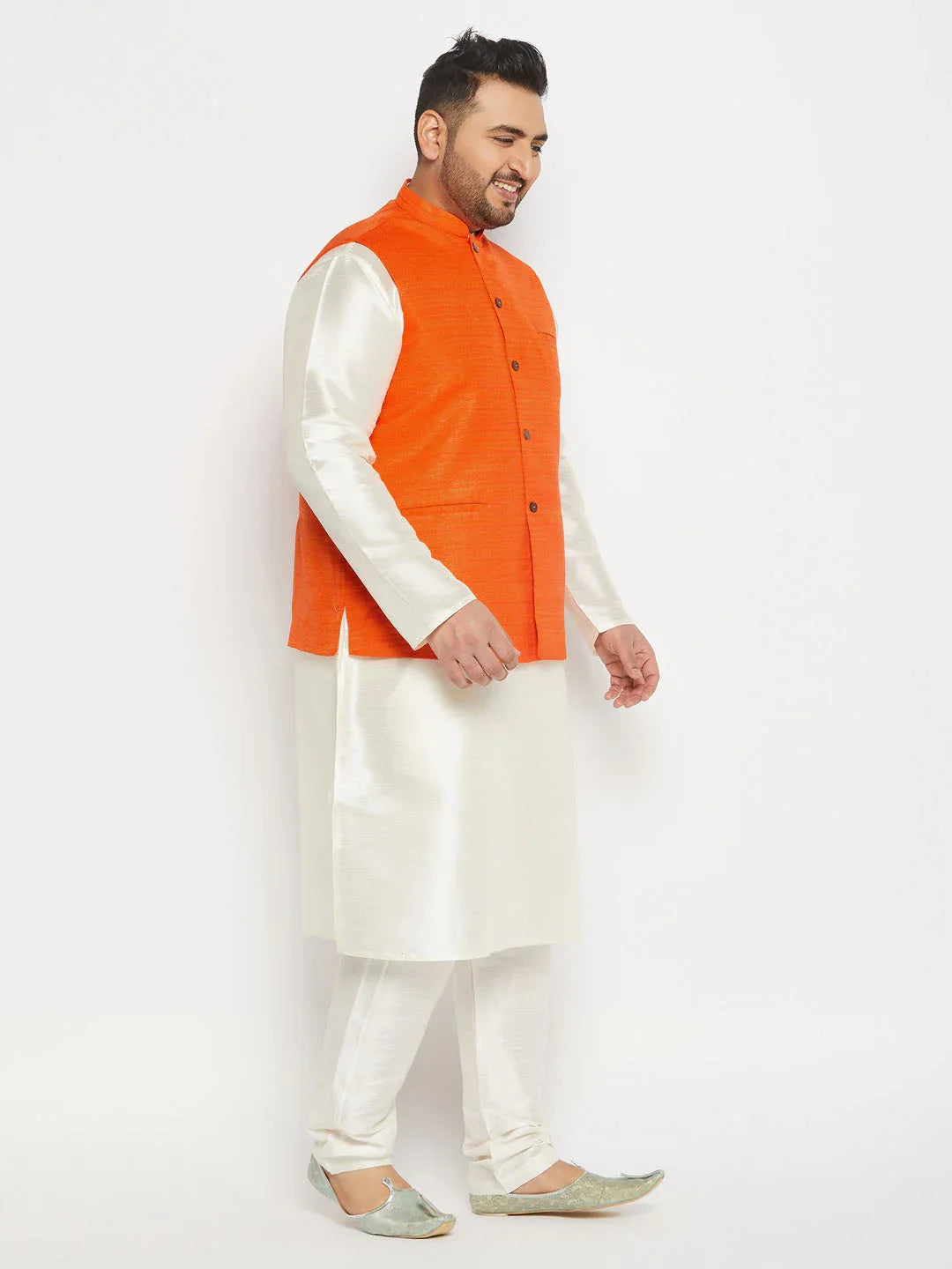 Men's Plus Size Orange Matka Silk Nehru Jacket With Cream Silk Blend Kurta And Pant Style Pyjama Set