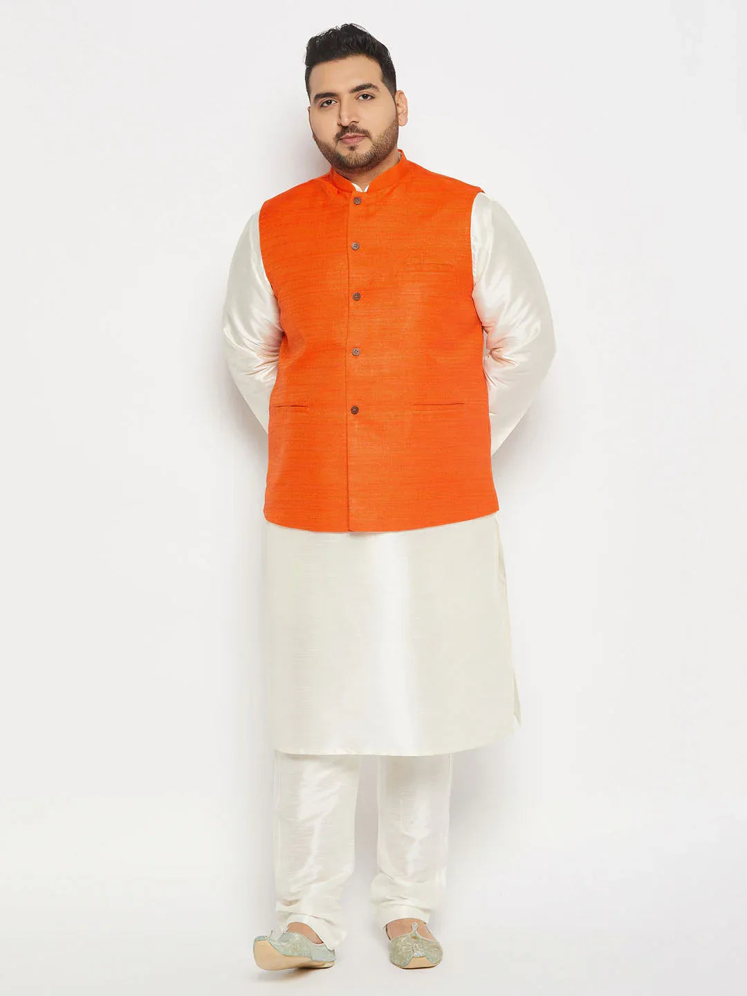Men's Plus Size Orange Matka Silk Nehru Jacket With Cream Silk Blend Kurta And Pant Style Pyjama Set