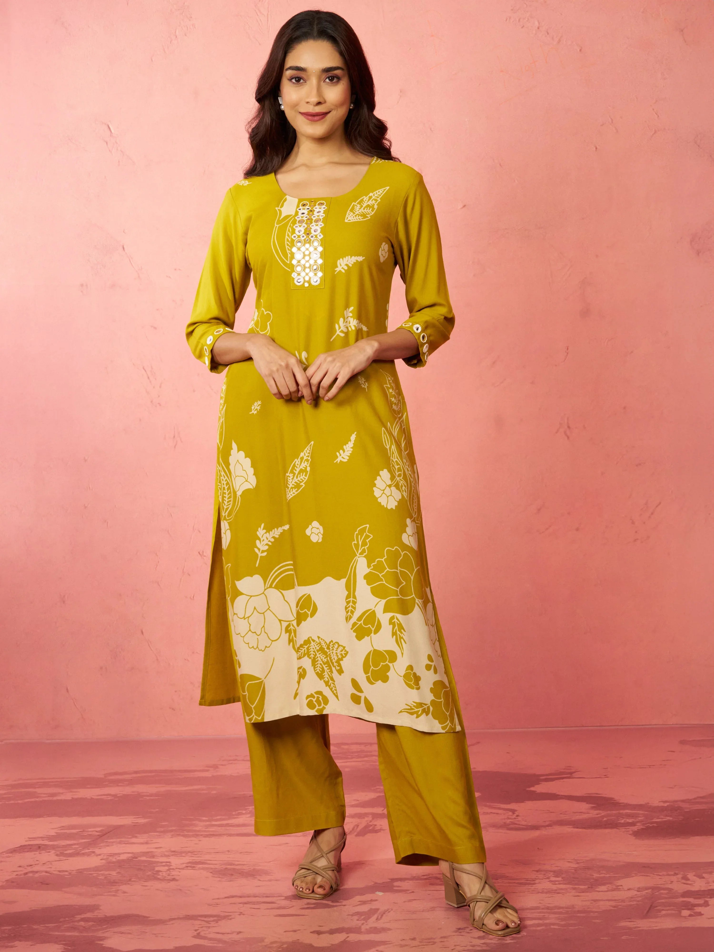 Women's Mehendi Green Rayon Mirror Work Kurta Set with Palazzo