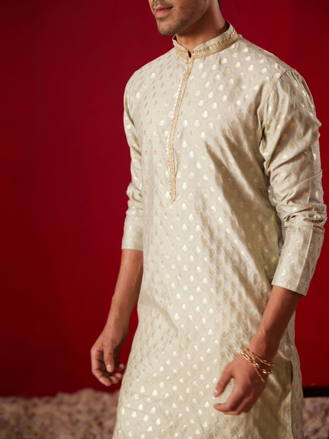 Me's Green Silk Blend Jacquard Kurta With Pant Set