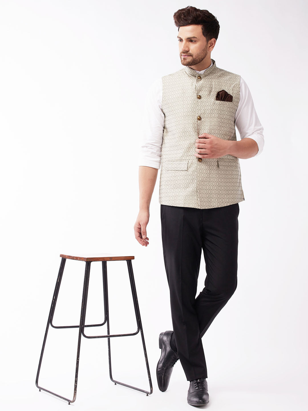 Men's Beige Jacquard Nehru Jacket