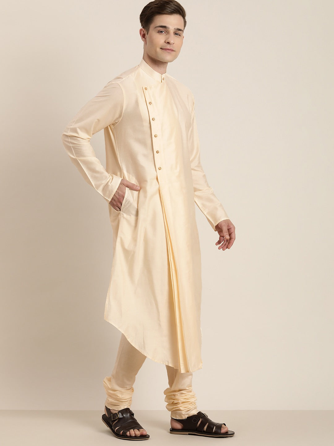 Men's Beige Pleated Kurta