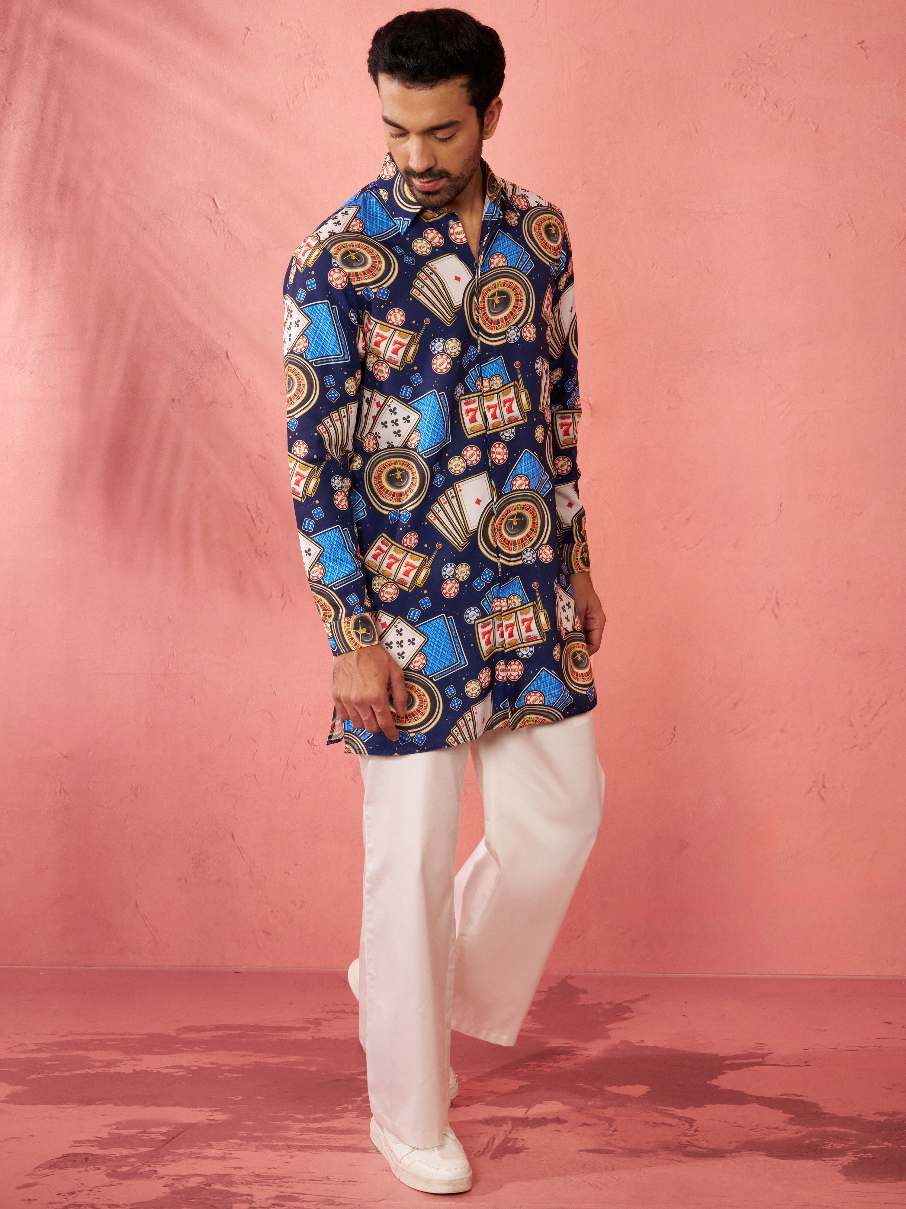 Men's Blue Digital Print Kurta with Cream Palazzo Set