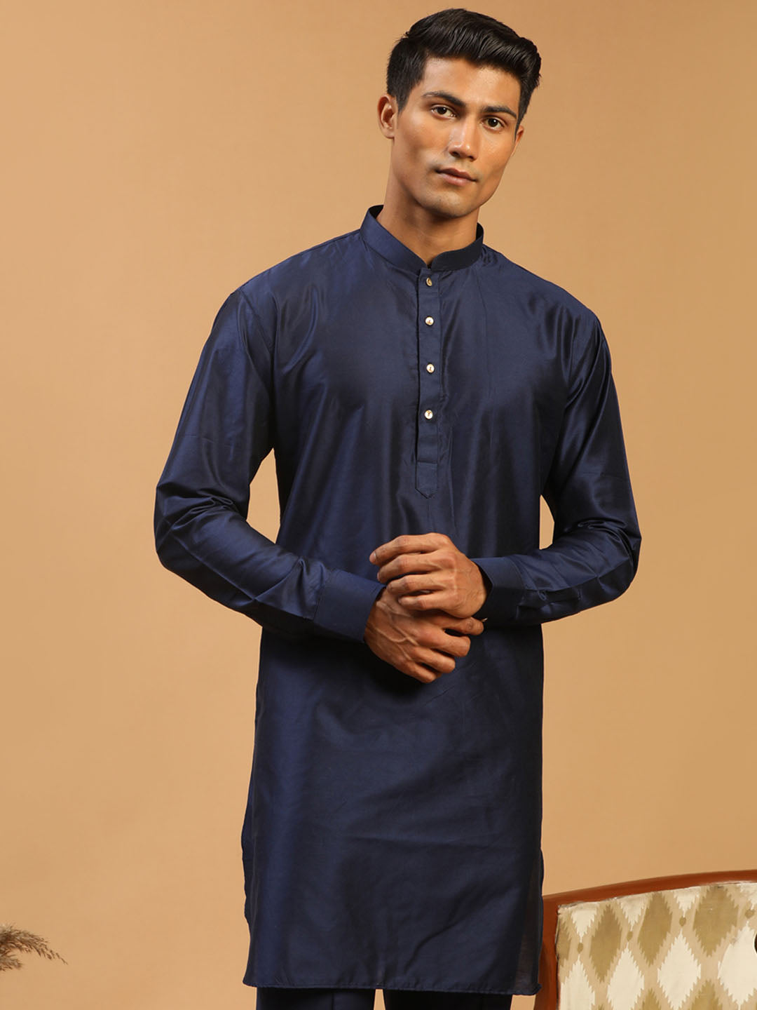 Men's Blue Silk Blend Curved Hem Kurta