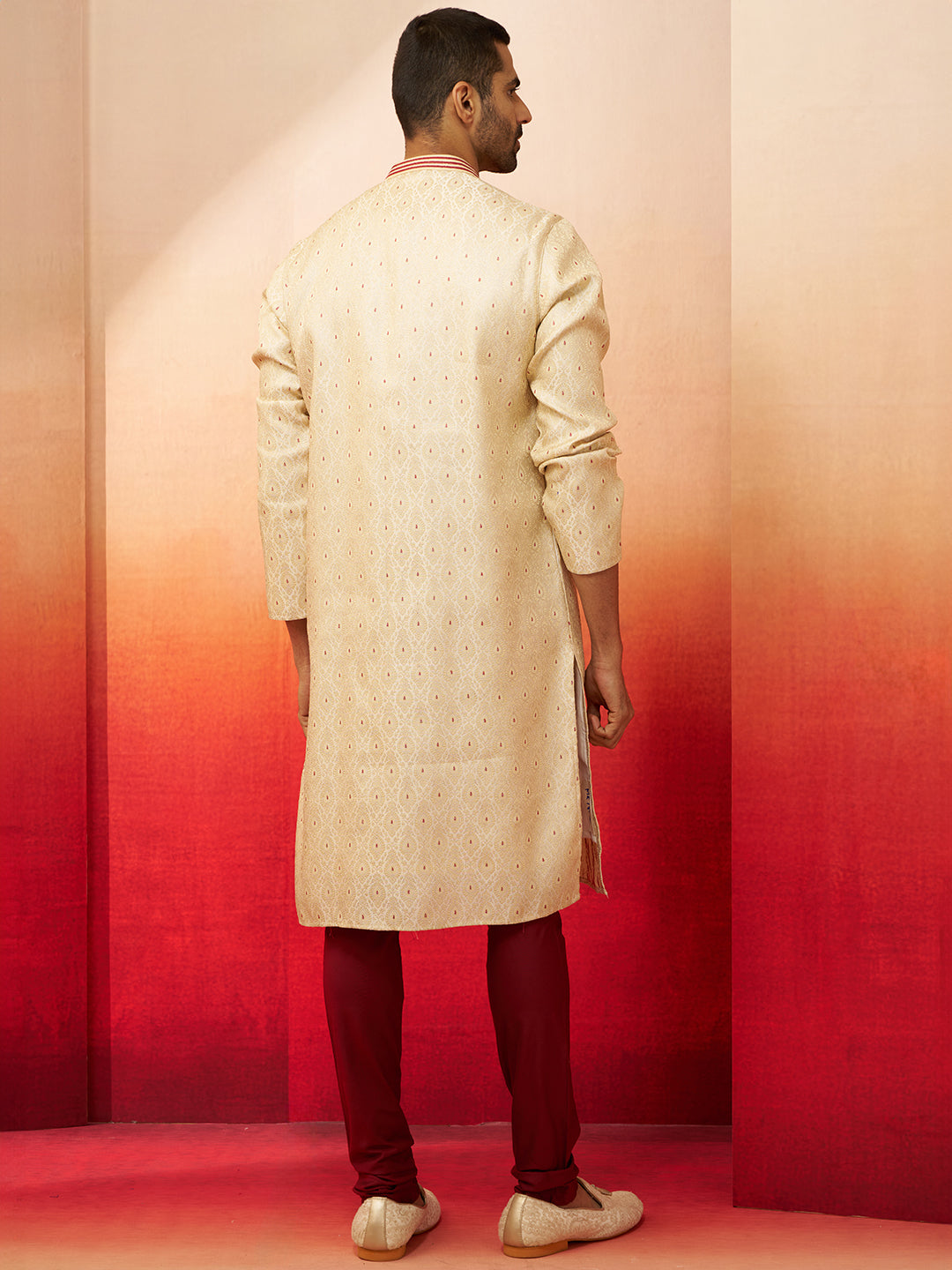 Men's Cream Embroidered Kurta with Maroon Churidar