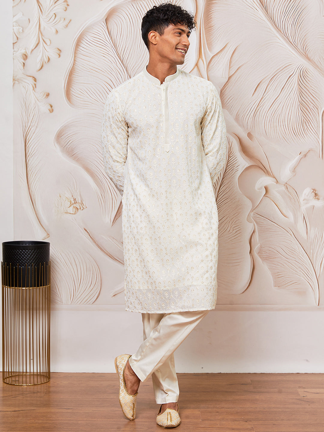 Men's Cream Georgette Kurta Pant Set