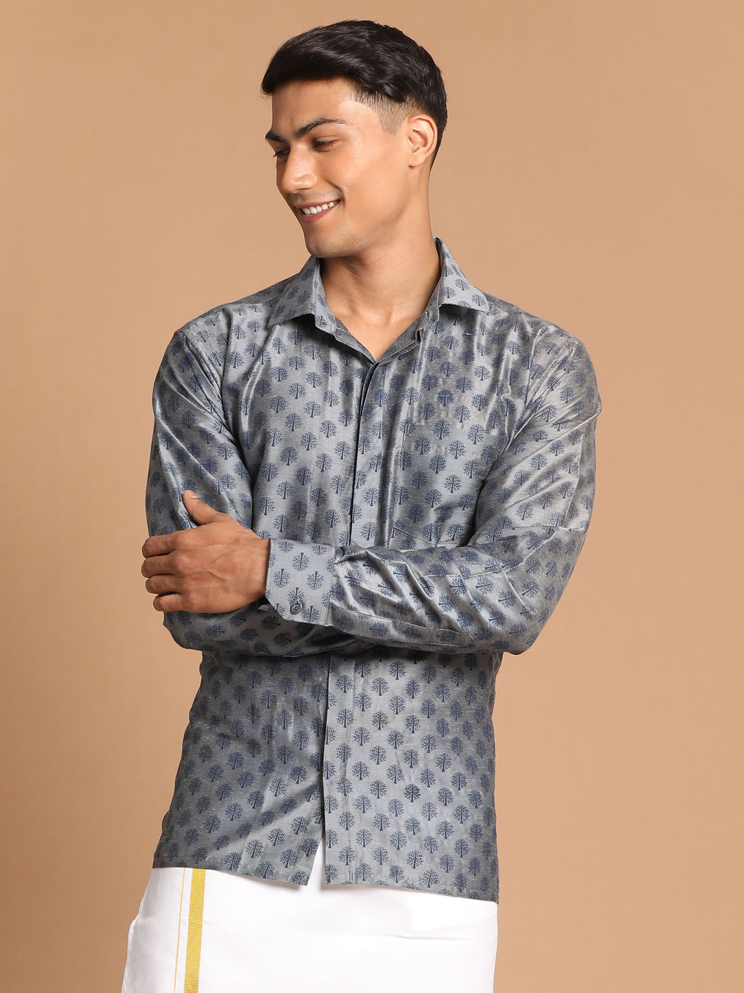 Men's Gray Silk Blend Printed Shirt