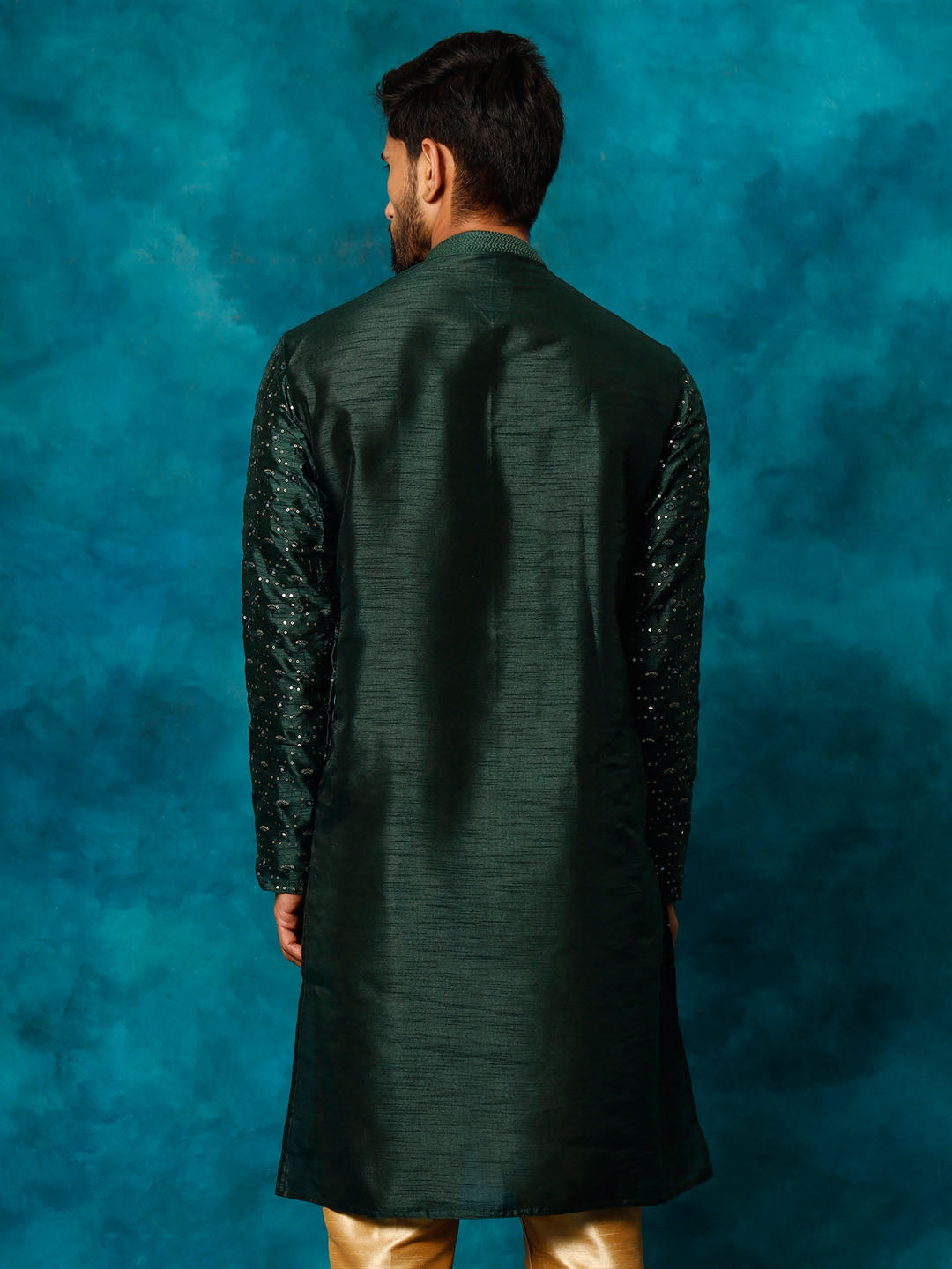 Men's Green Silk Blend Embellished Kurta