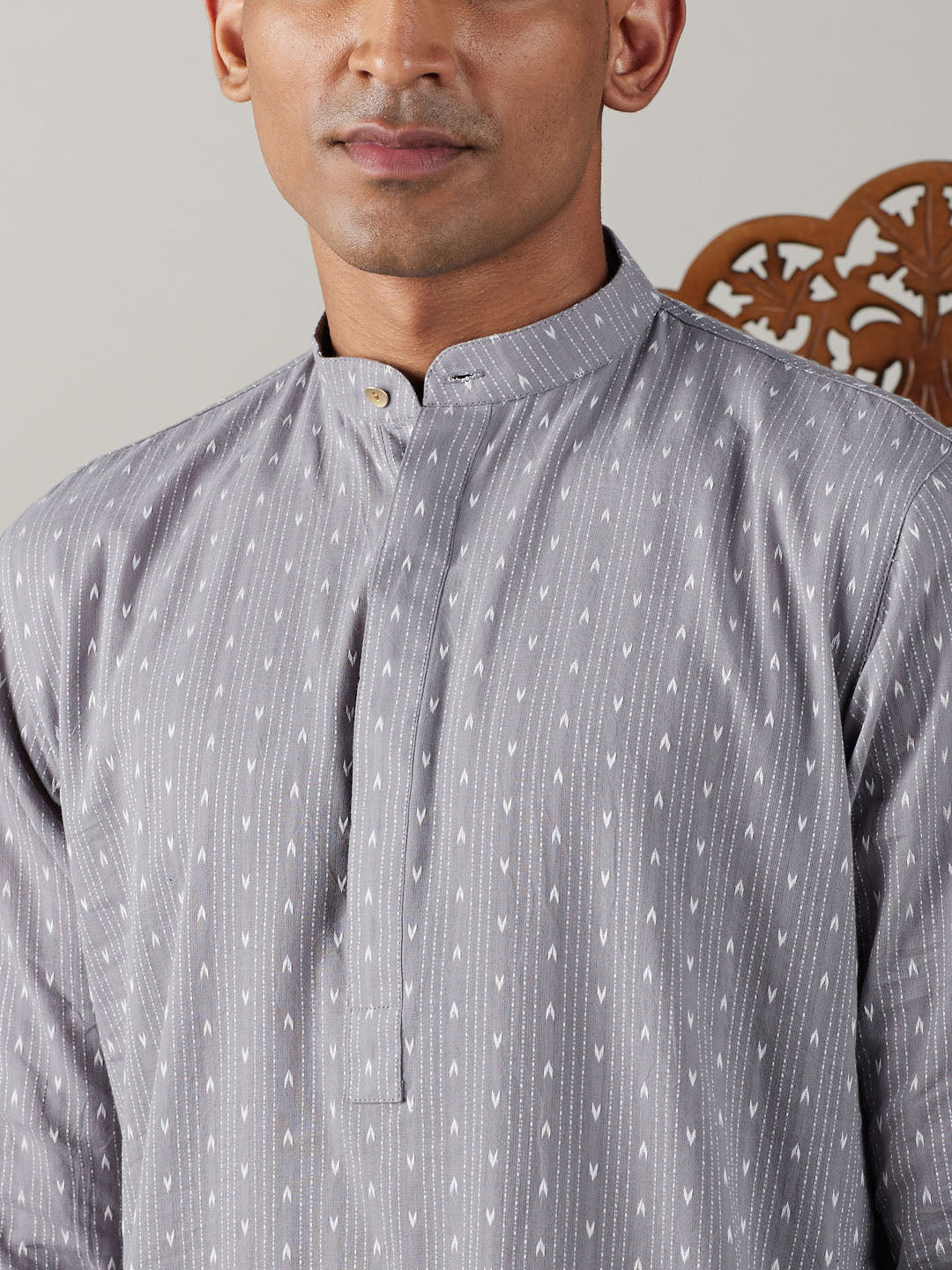 Men's Grey Cotton Jacquard Kurta