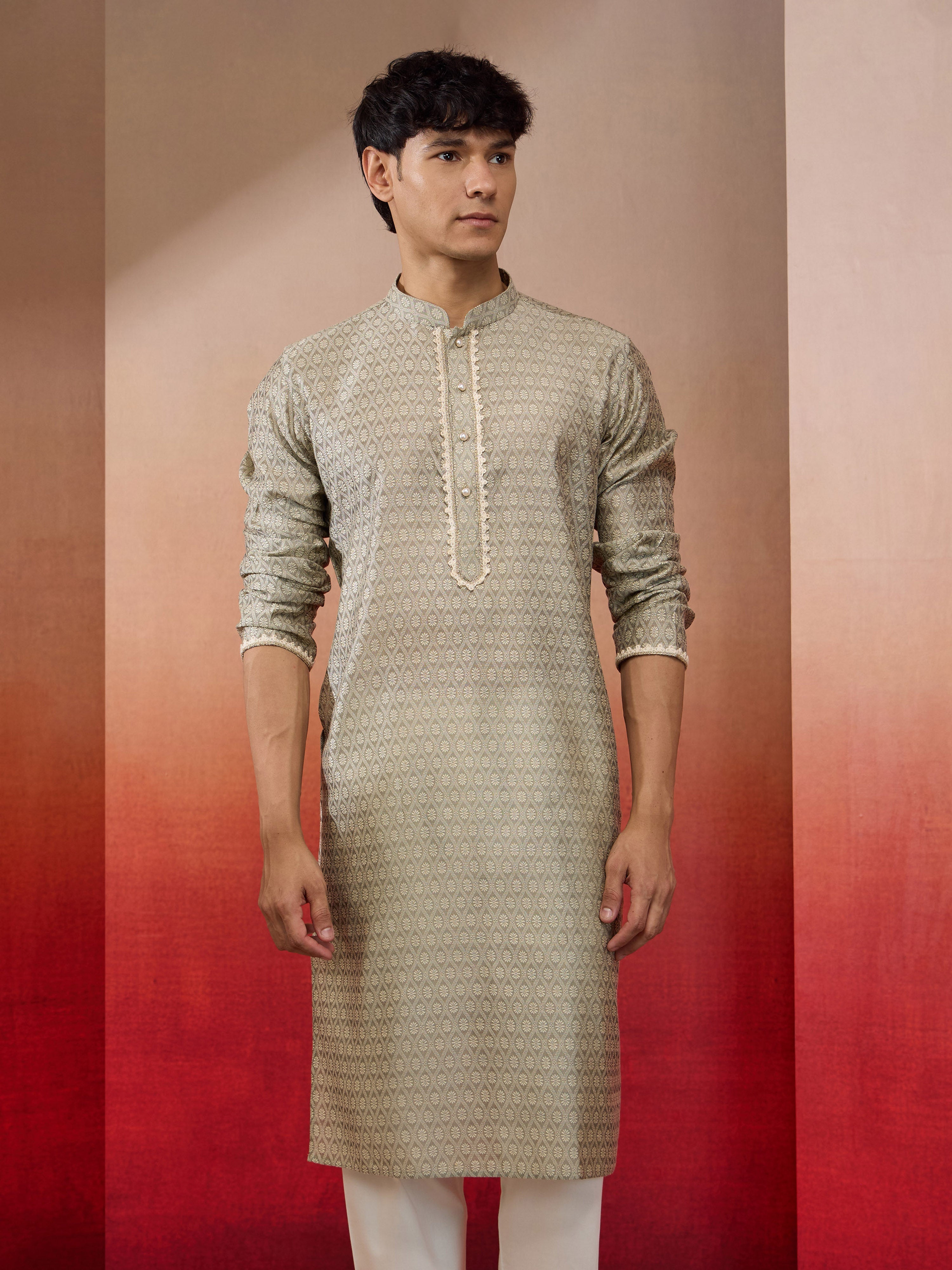 Men's Grey Silk Jacquard Kurta