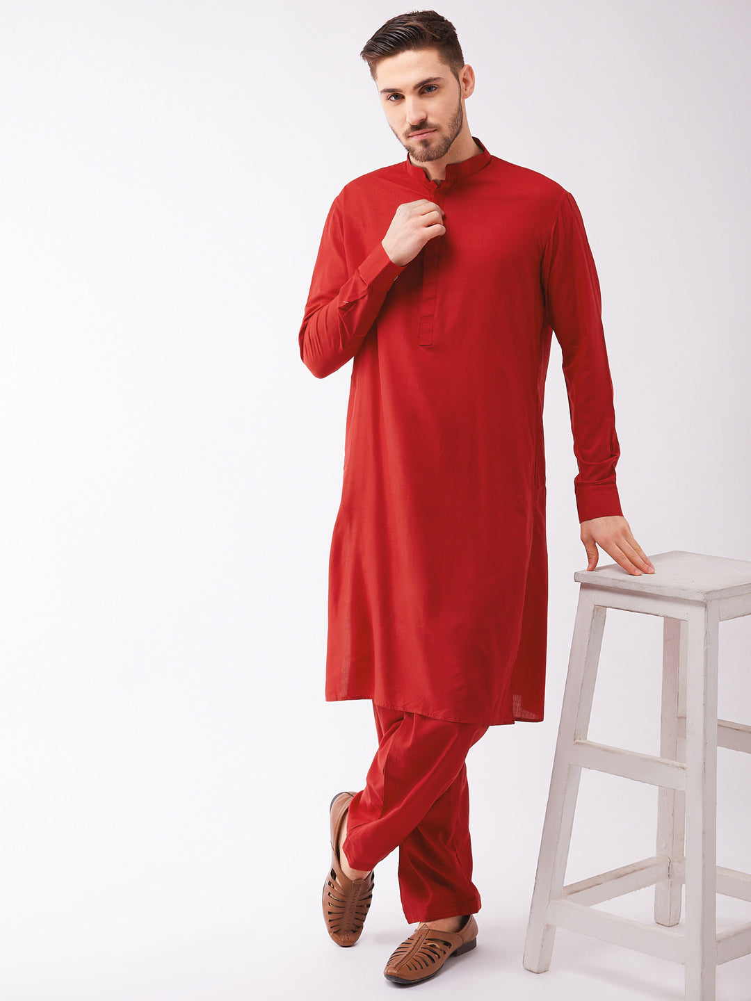 Men's Maroon Cotton Blend Kurta and Pyjama Set