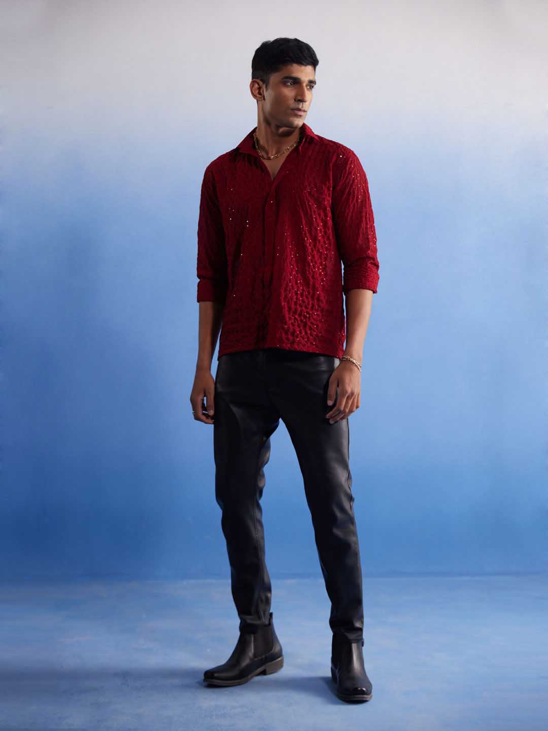 Men's Maroon Fancy Sequined Shirt