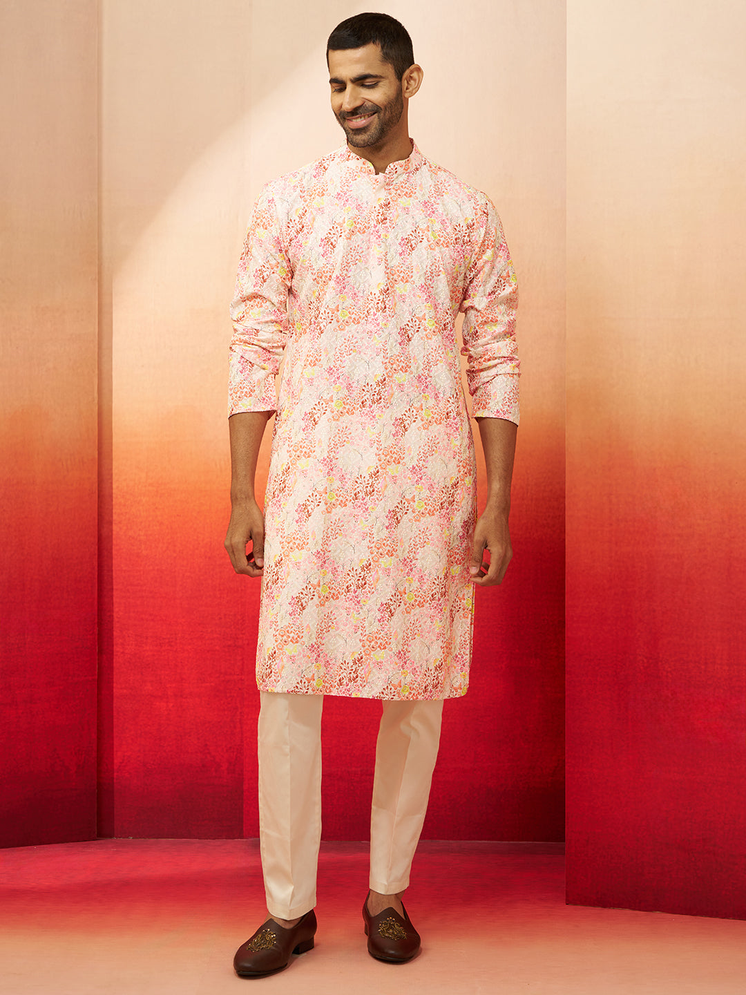 Men's Multicolor Digital Print Kurta with Cream Pants Set