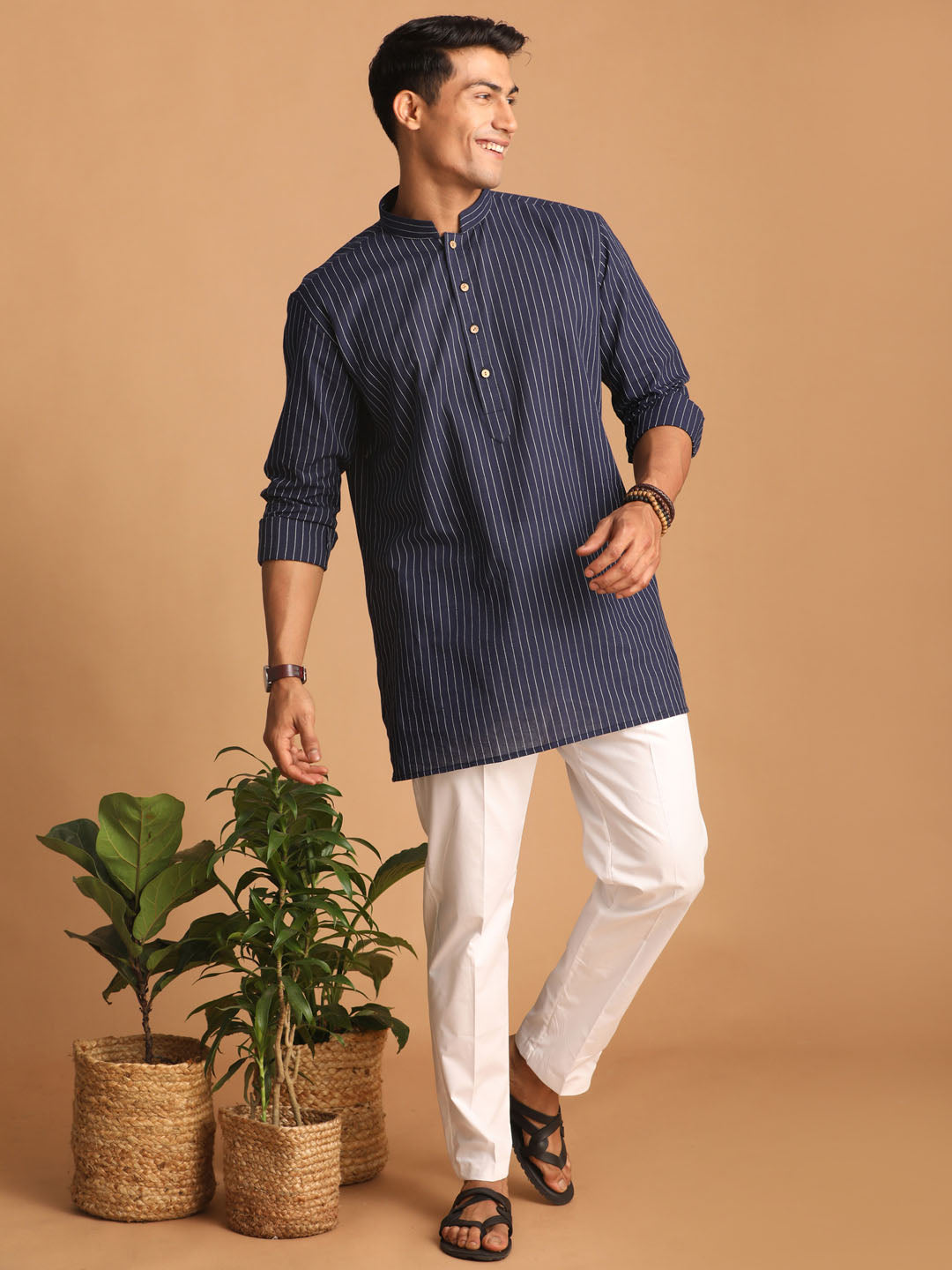 Men's Navy Blue Striped Cotton Short Kurta