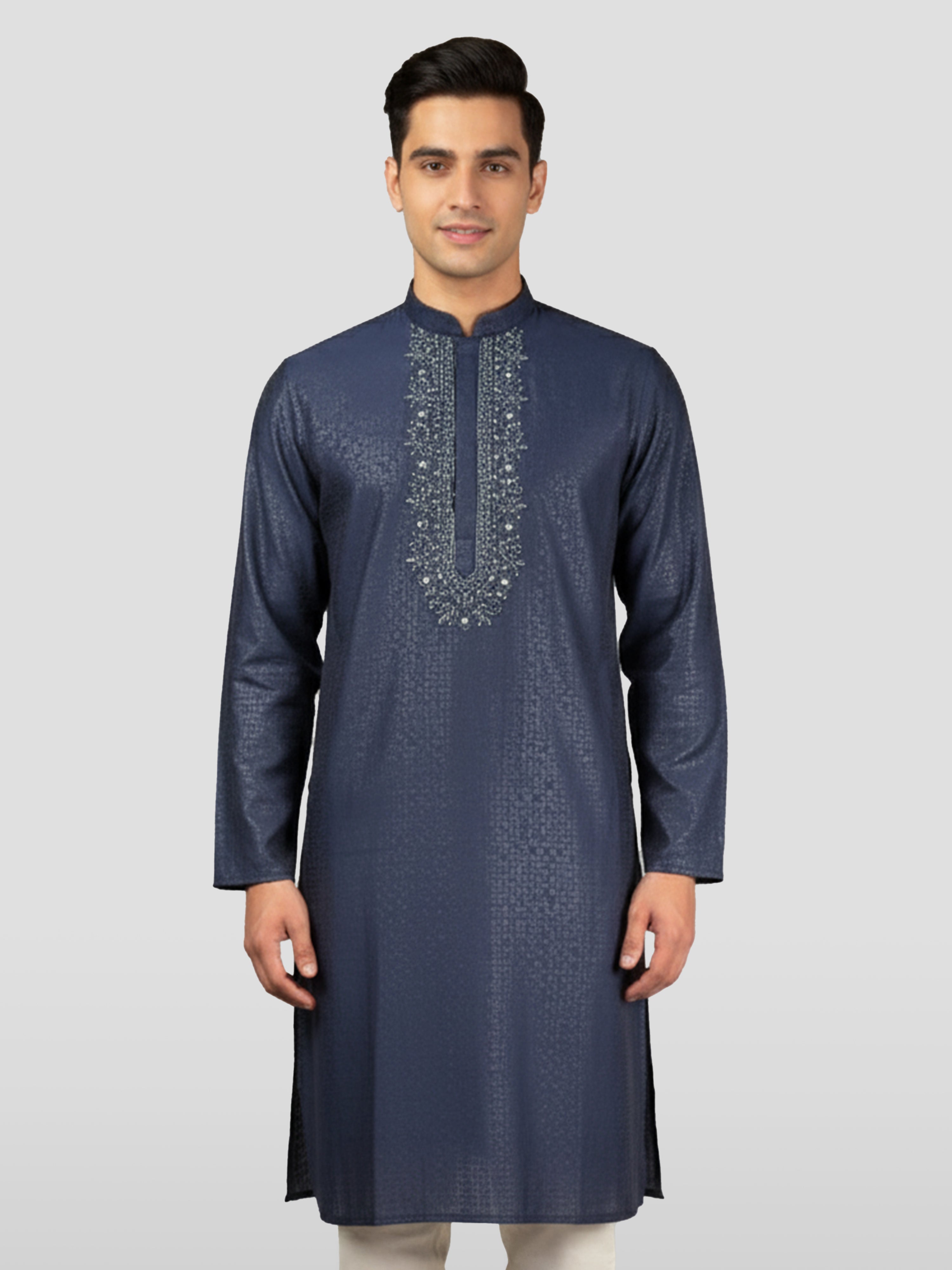 Men's Navy Blue Zudio Emboss Silk Kurta