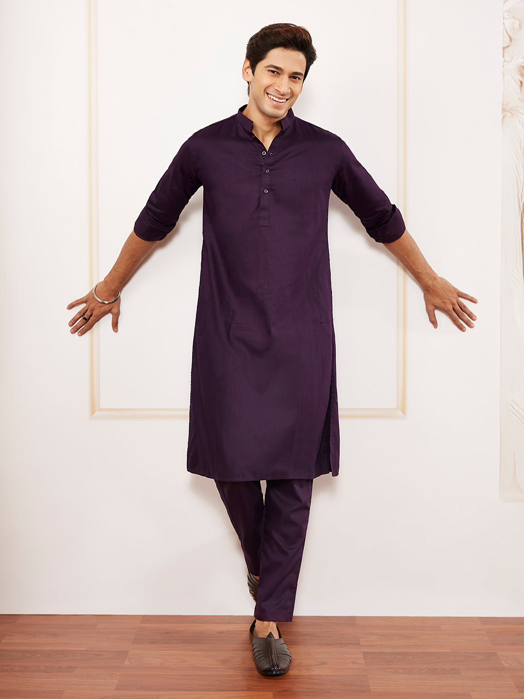Men's Purple Cotton Blend Kurta Pyjama Set