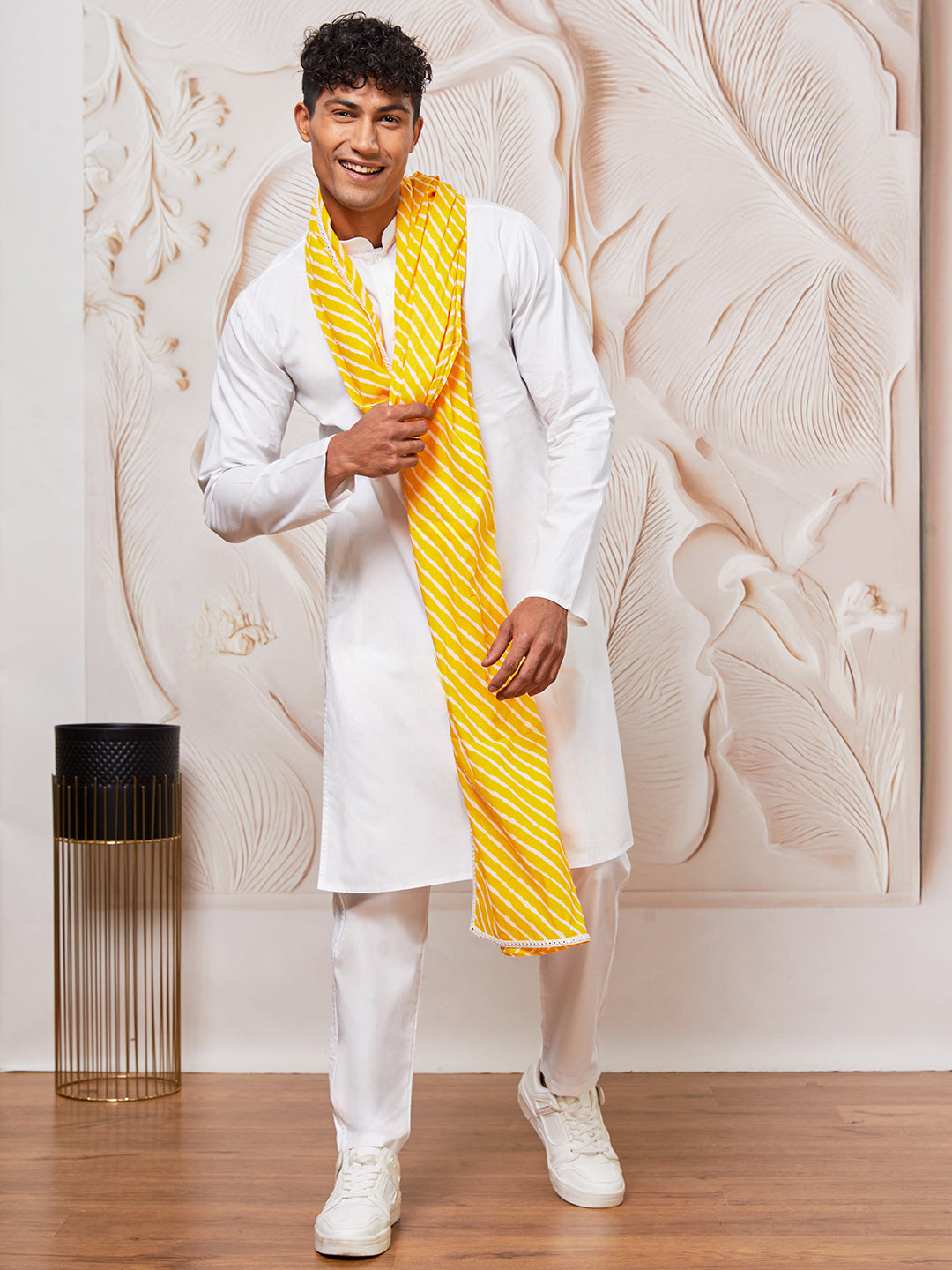 Men's White Cotton Kurta,Pyjama And Dupatta Set