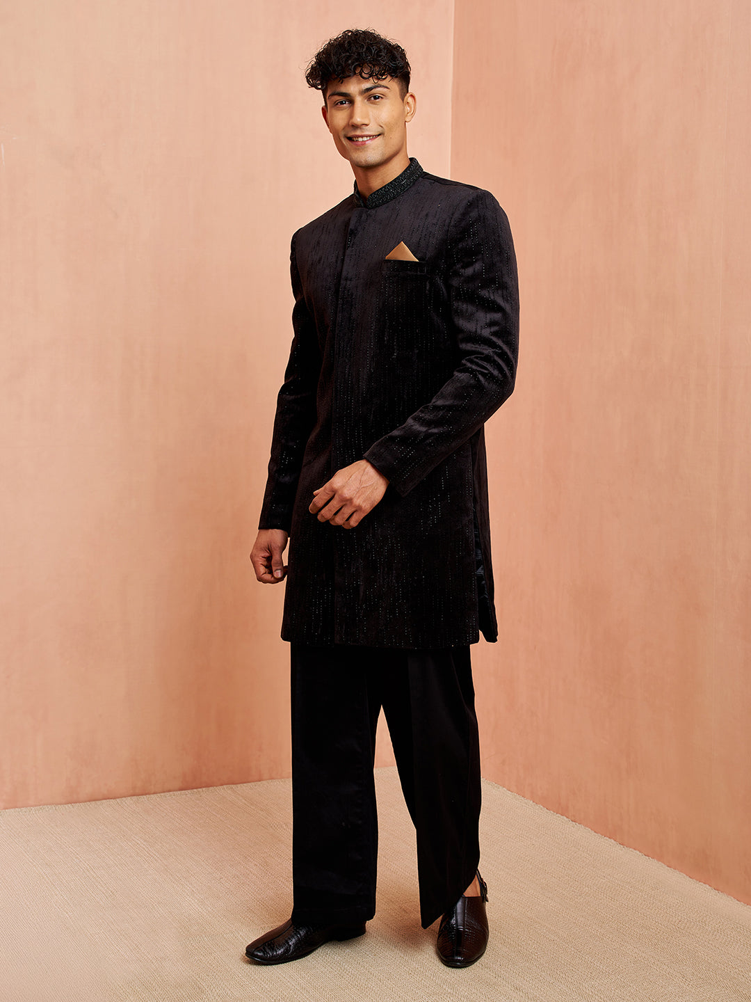 Mens Black Velvet Sherwani with Palazzo Set