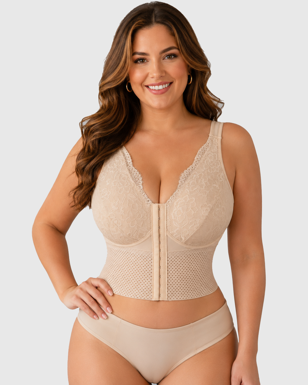 Lace Trim Front Hook-and-Eye Bustier Shaper Tank Top with Waist Control