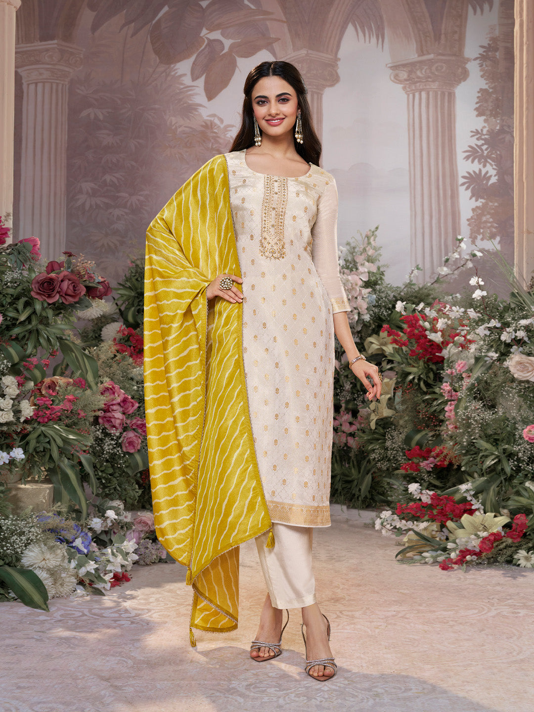 Cream Tissue Jacquard Kurta Set with Yellow Contrast Digital Print Dupatta - qivii