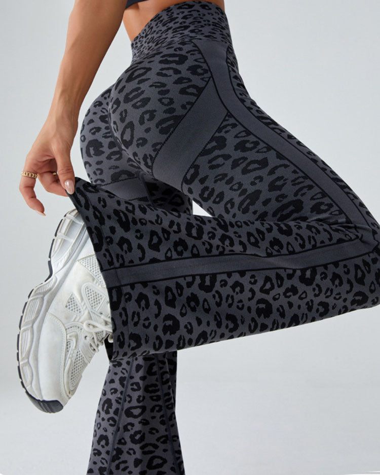 High-Waisted Leopard Print Fitness Yoga Flared Hip-Lifting Pants - By Qivii