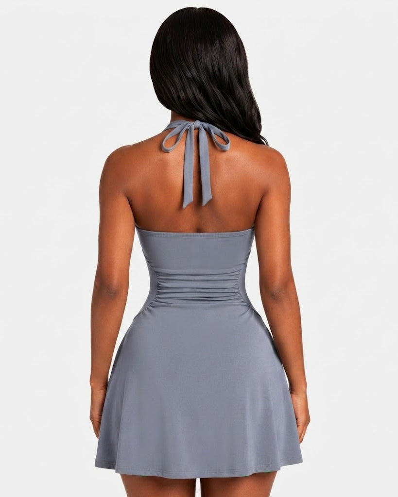 Halter Side Ruched Waist-cinching A Line Mini Dress - By Qivii