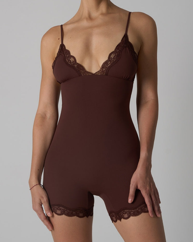 Triangle Cup Seamless Suspenders Shapewear Bodysuit With Lace Trim - By Qivii