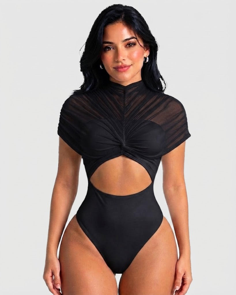 Sheer Mesh High Neck Twist Front Cutout Bodysuit - By Qivii