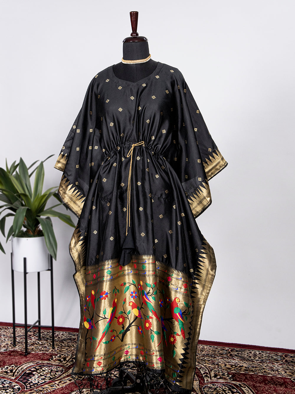 Black Color Weaving Zari Work Jacquard Paithani Kaftan Dress - qivii