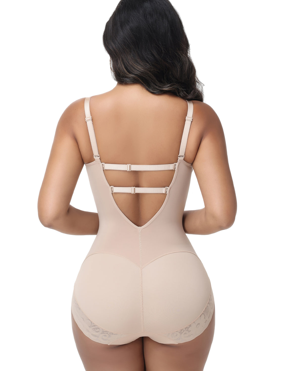 Seamless V Neck Adjustable Crisscross Back Lace Trim Hourglass Butt Lifting Bodysuit