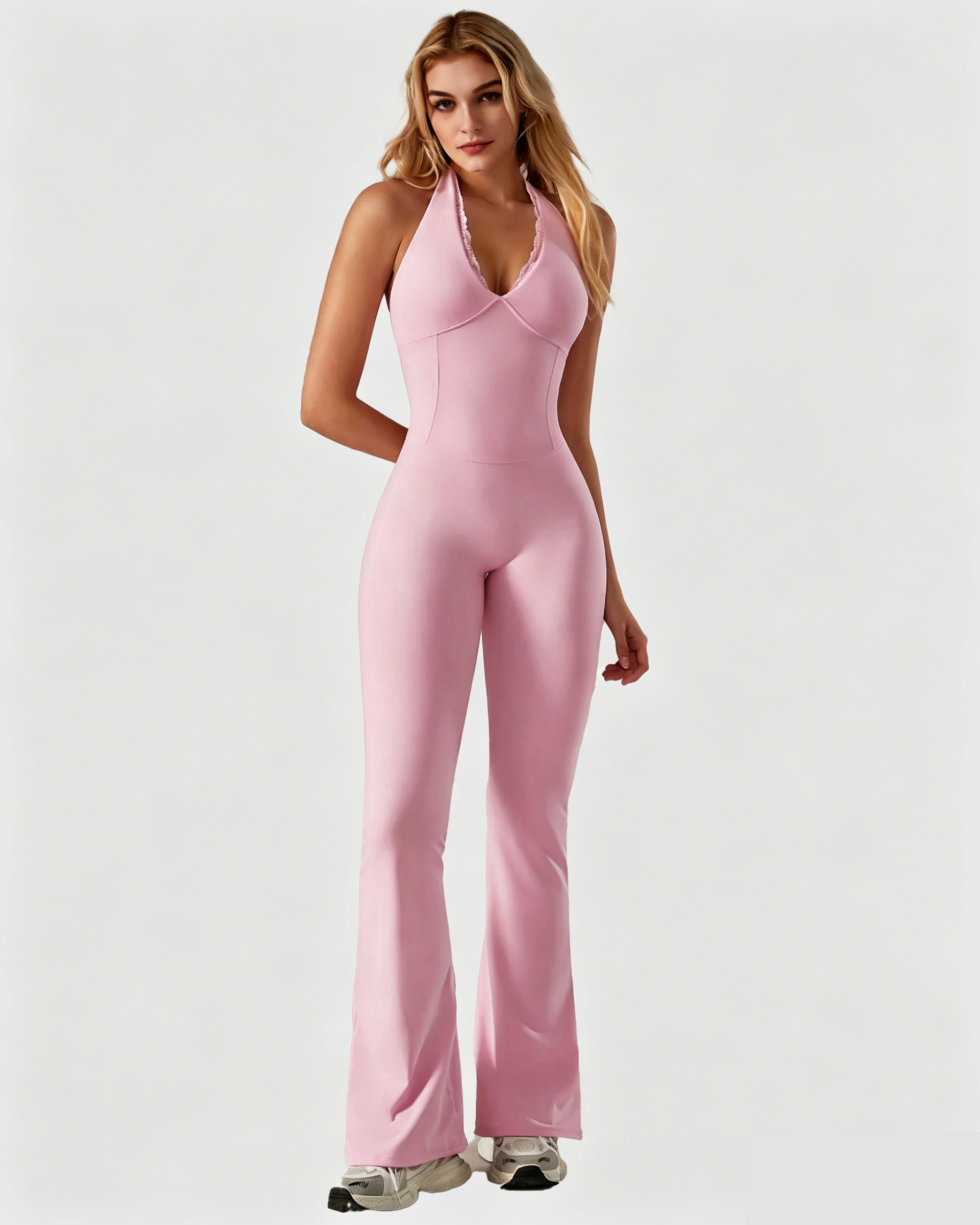 V-neck Lace-trimmed Halter Neck Yoga Sports Fitted Jumpsuit - By Qivii