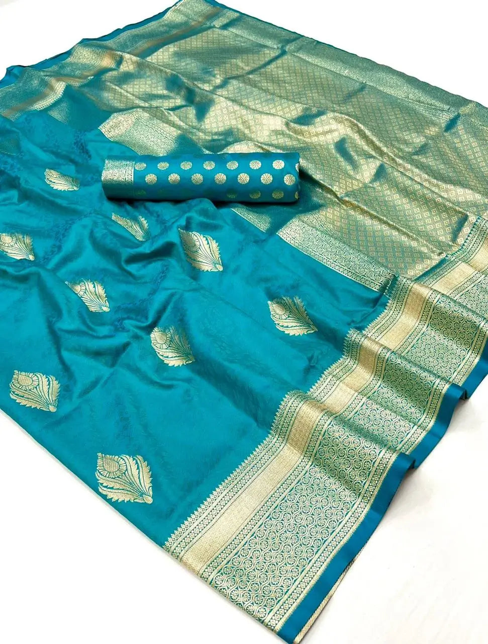 Dark Turquoise Handloom Weaving Silk Saree With Handwoven Art - qivii