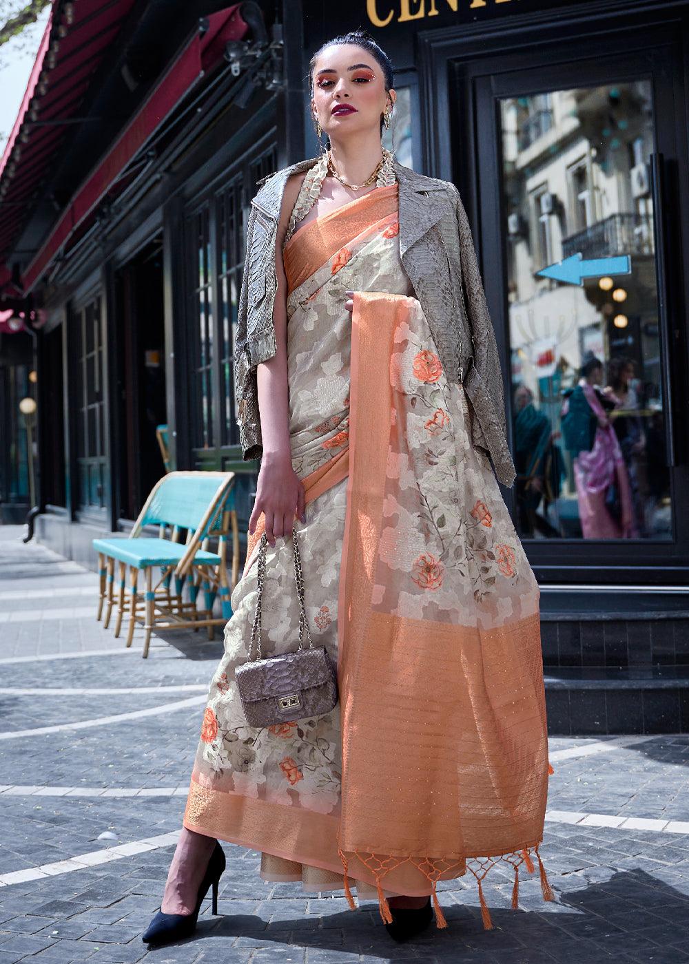 White & Orange Printed Soft Silk Saree - qivii