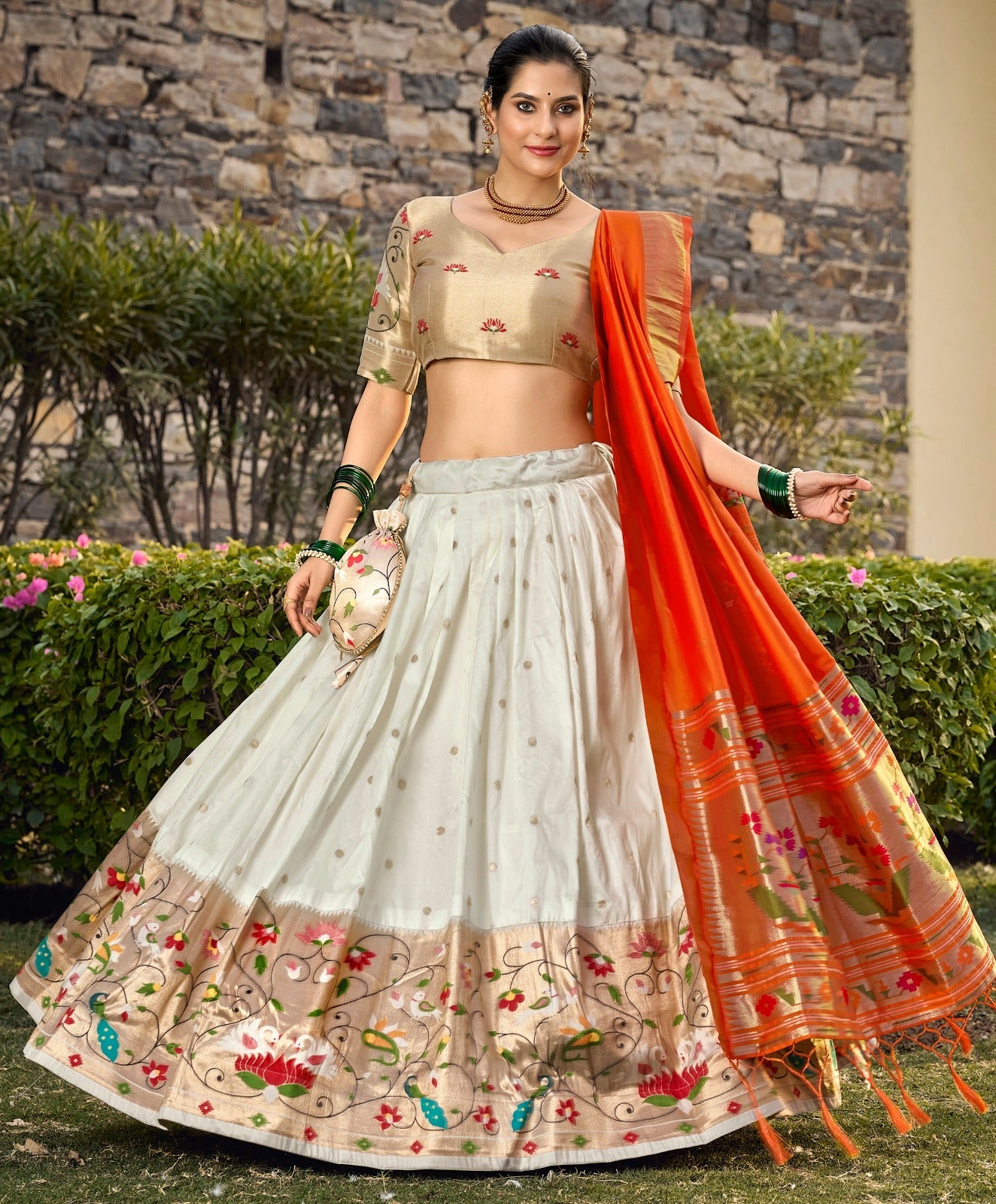 White Jacquard Silk Weaving Zari Work Drawstring with Handmade Tassels Lehenga Choli | Ready To Wear - qivii
